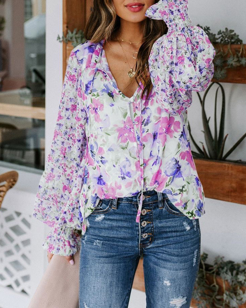 Zeagoo Long Sleeve Boho Drawstring Floral Print V Neck Shirt Buttoned Blouse Casual Tunic Tops – Rose Red