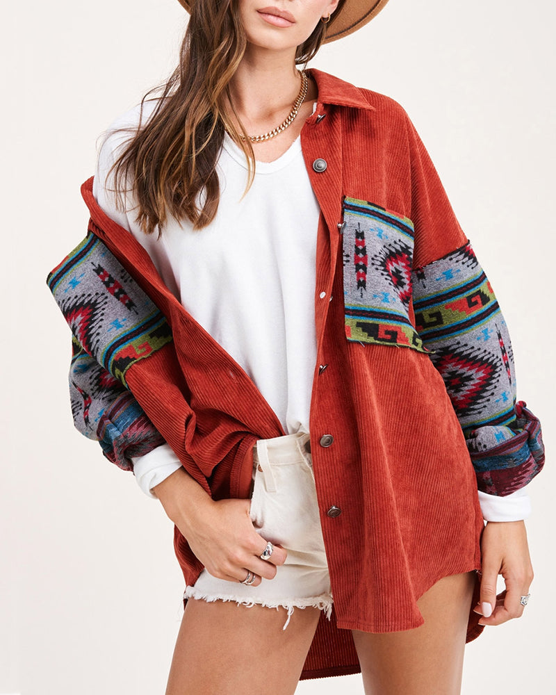 Zeagoo Corduroy Patch Print Pocket Coat Long Sleeve Jacket Top – Orange M