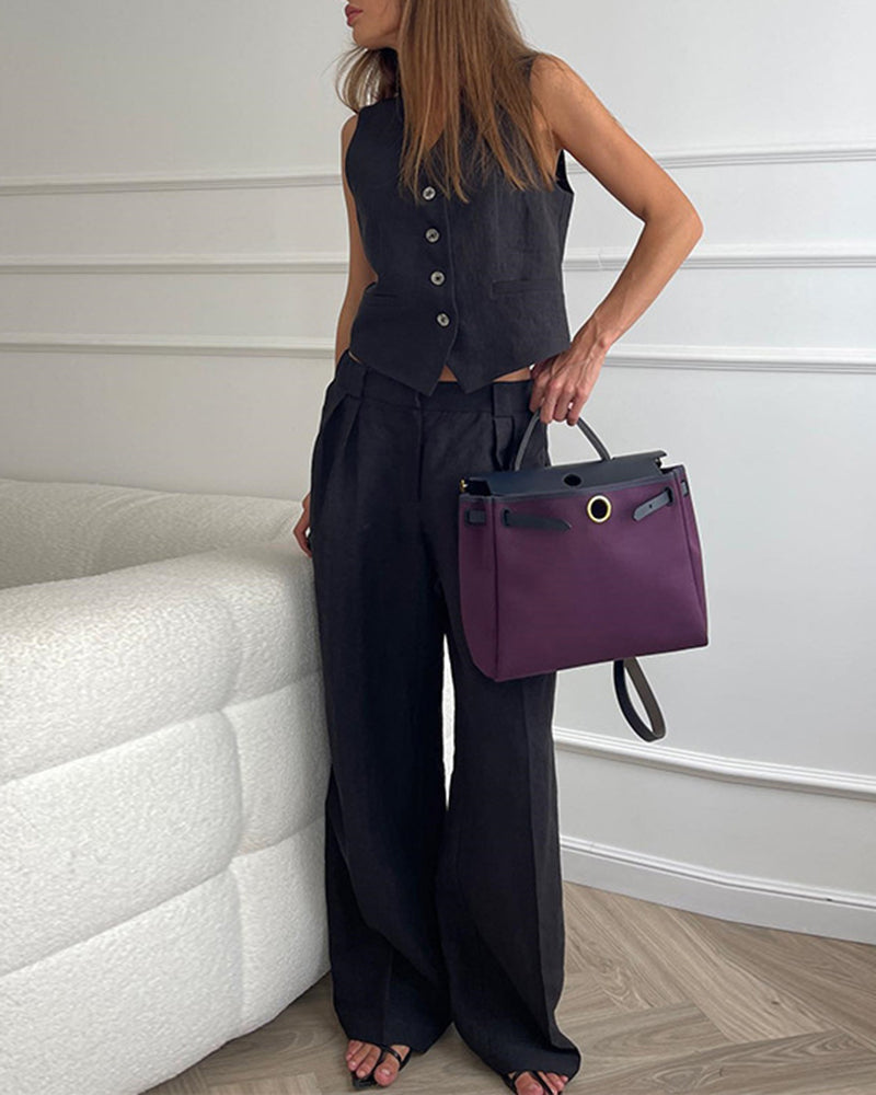Solid Color Two-piece Slim Fit Sleeveless Vest Casual Wide Leg Pants Set – Black S