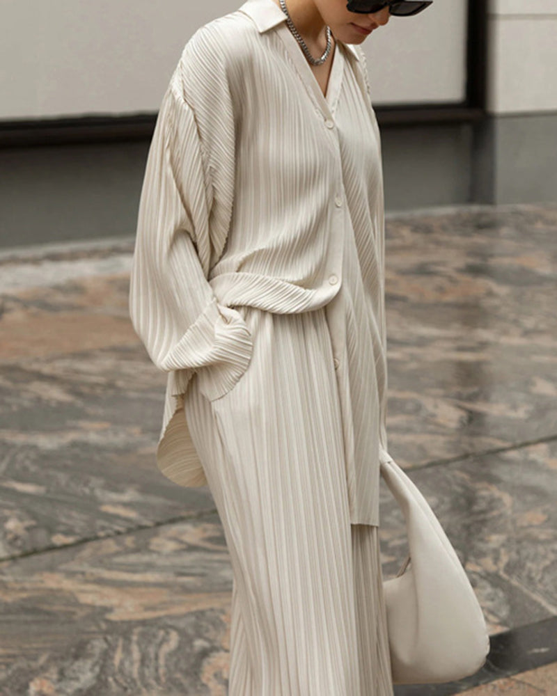 Solid Color Straight Pants Casual Two-piece Pleated Shirt Trousers Set – Beige L-