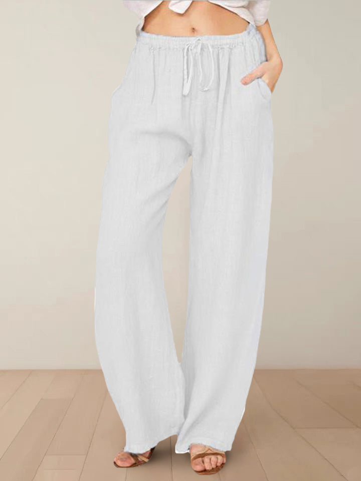 Loose Fit Flared Bottoms Elastic Waist Wide Leg Drawstring Joggers Pants – White M