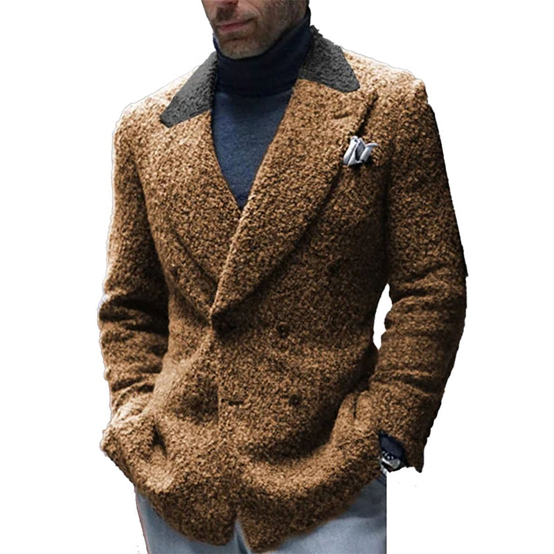 Vintage Sherpa Contrast Stitching Double Pocket Casual Retro Lapel Blazer D – Brown