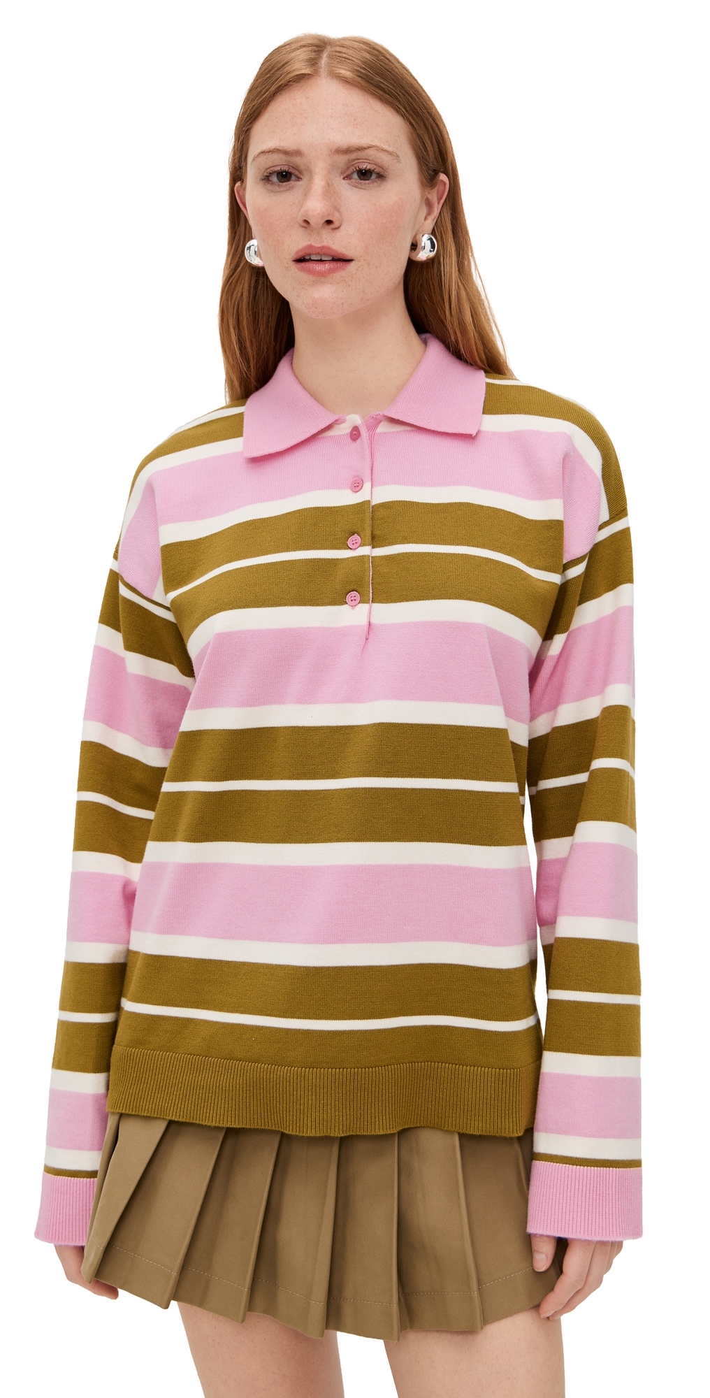 English Factory Striped Polo Knit Shirt PistachioPink