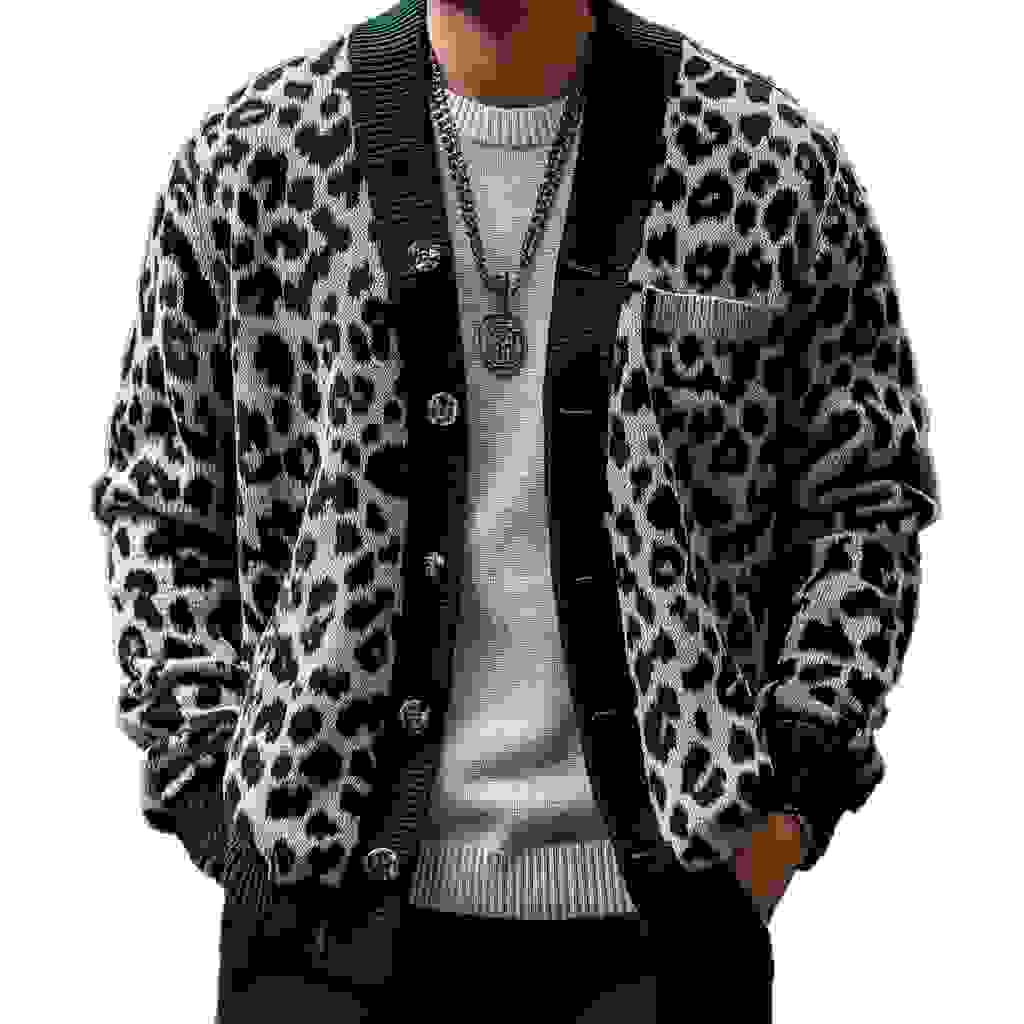 Men’s Vintage Leopard Jacquard Colorblock Single Breasted Cardigan Y Men’s Vintage Leopard Jacquard Colorblock Single Breasted Cardigan Y