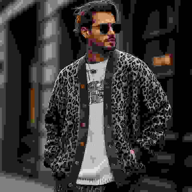 Men’s Vintage Leopard Jacquard Colorblock Single Breasted Cardigan Y Men’s Vintage Leopard Jacquard Colorblock Single Breasted Cardigan Y