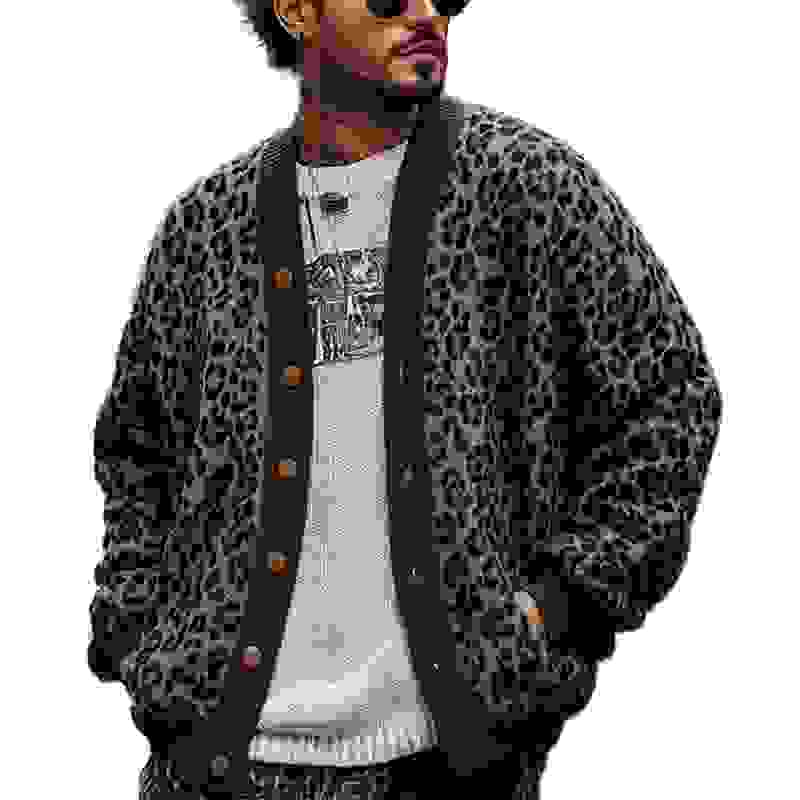 Men’s Vintage Leopard Jacquard Colorblock Single Breasted Cardigan Y Men’s Vintage Leopard Jacquard Colorblock Single Breasted Cardigan Y