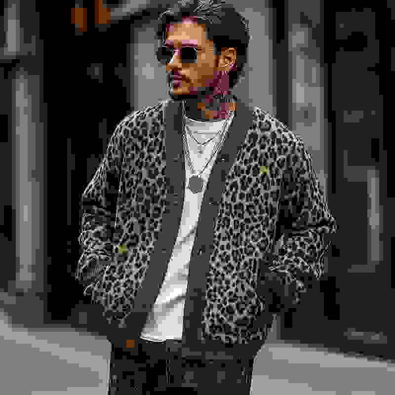 Men’s Vintage Leopard Jacquard Colorblock Single Breasted Cardigan Y Men’s Vintage Leopard Jacquard Colorblock Single Breasted Cardigan Y