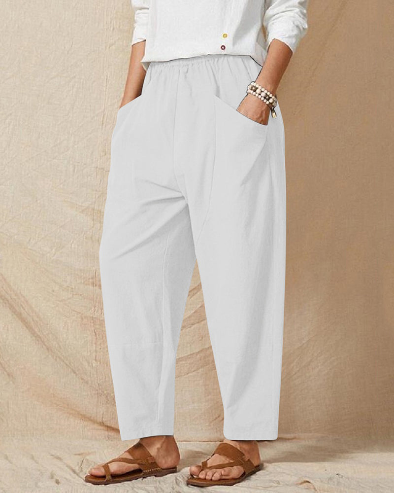 Solid Color Elastic Waist Cropped Wide Leg Pants Loose Trousers – White