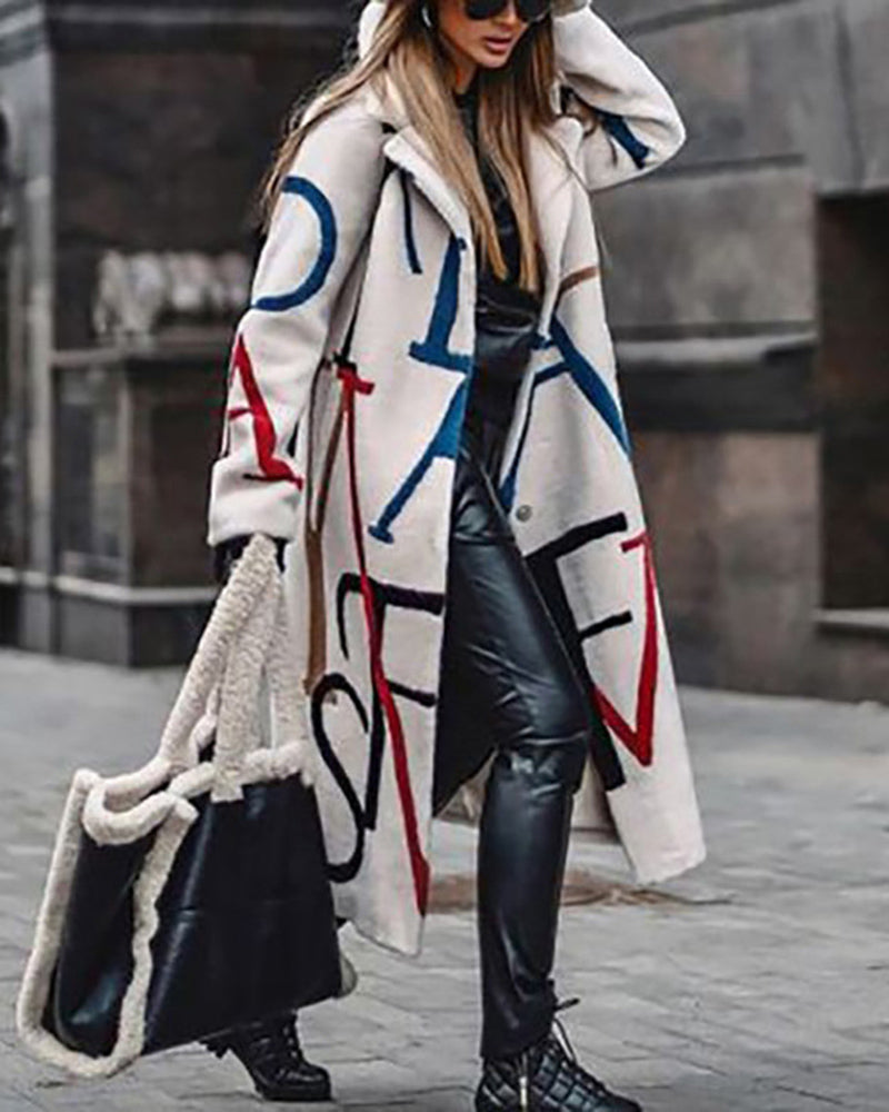 Zeagoo Casual Long Sleeve Lapel Printed Notched Collar Warm Midi Jacket Overcoat – White Red