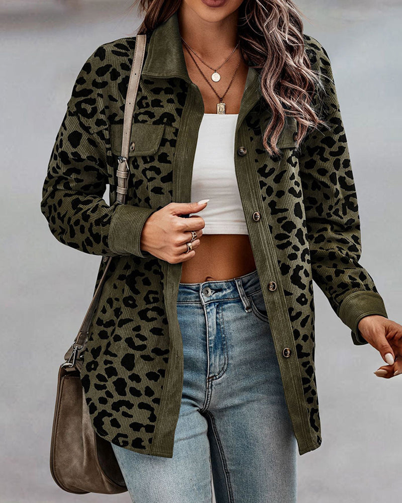Leopard Jacket Long Sleeve Lapel Button Down Corduroy Shirts – Army Green Leopard Jacket Long Sleeve Lapel Button Down Corduroy Shirts – Army Green
