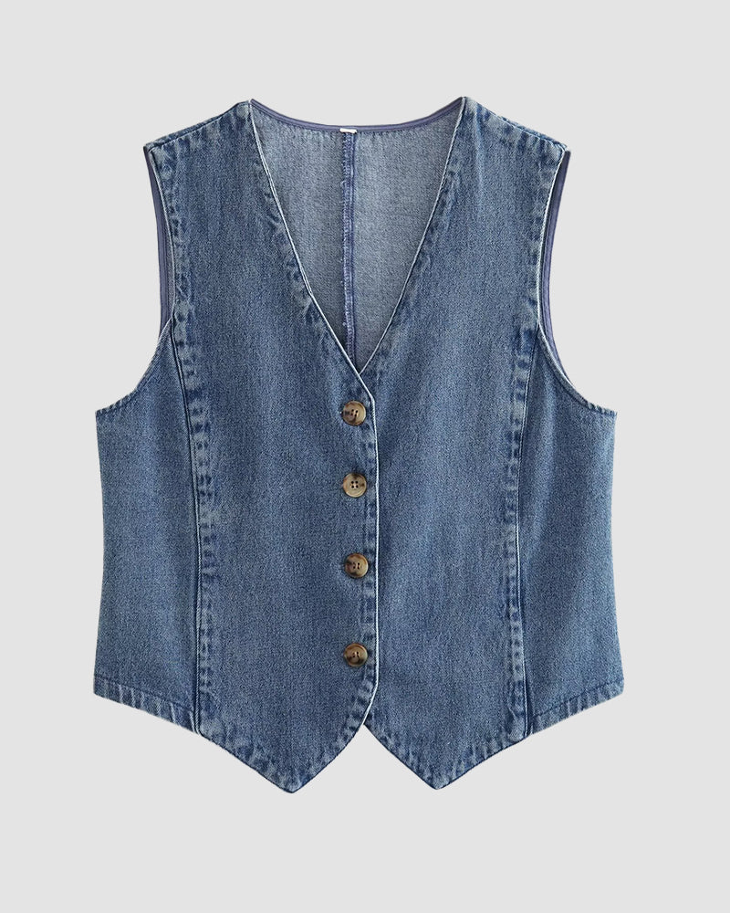 Sleeveless Denim Vest V Neck Button Down Waistcoat Jacket – Blue M Sleeveless Denim Vest V Neck Button Down Waistcoat Jacket – Blue M