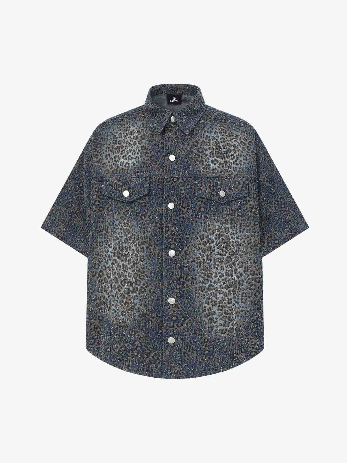 Vintage Leopard Print Washed Denim Short Sleeve Shirt Vintage Leopard Print Washed Denim Short Sleeve Shirt