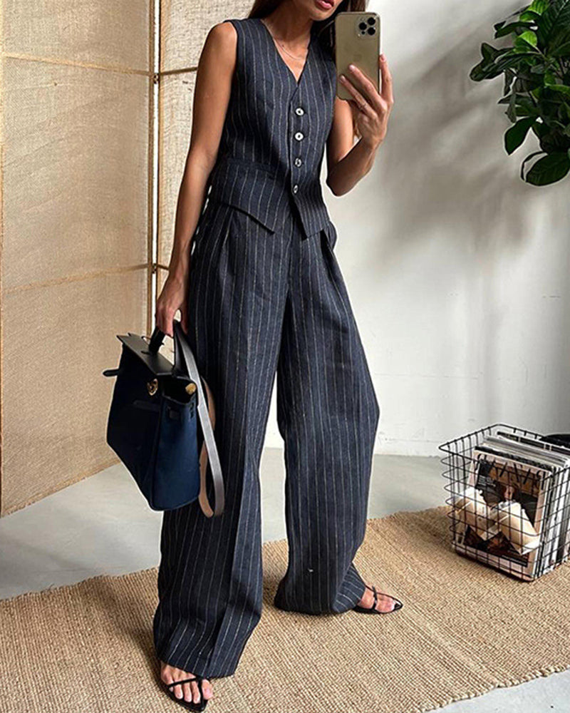 Striped Casual Two-piece Set V-neck Vest Trousers Pants Suit – Dark Blue M Striped Casual Two-piece Set V-neck Vest Trousers Pants Suit – Dark Blue M