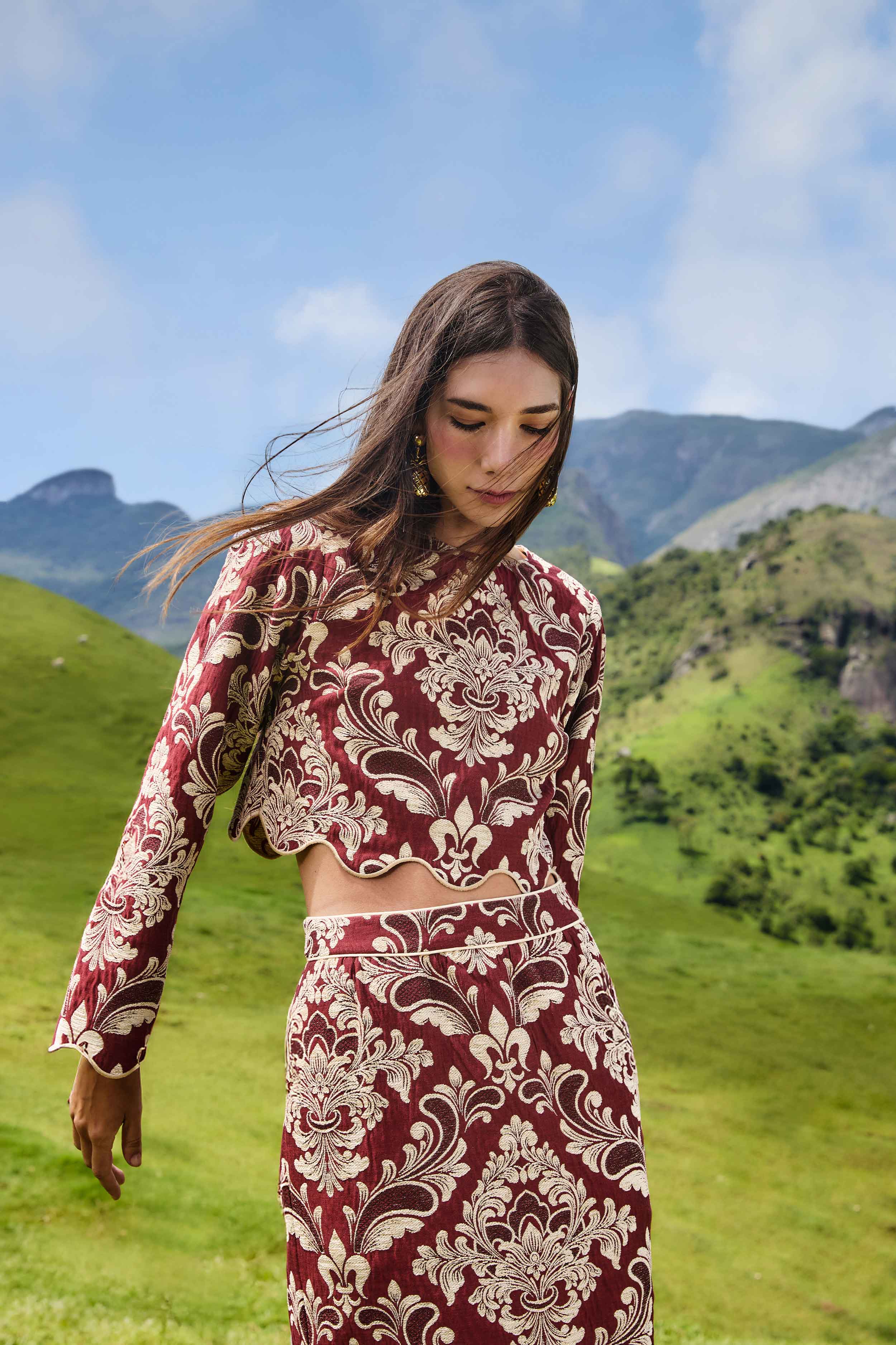 Bicolor Jacquard Waves Long Sleeve Top, BLH PINK + BURGUNDY Bicolor Jacquard Waves Long Sleeve Top, BLH PINK + BURGUNDY