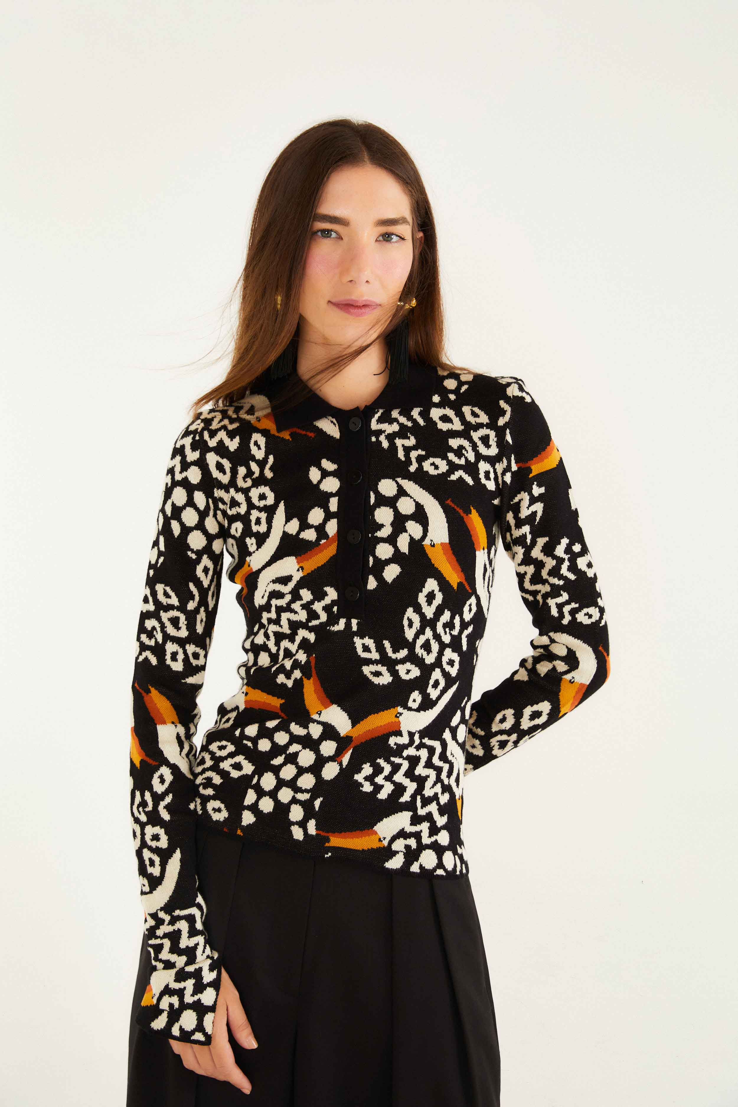 Black Tucanissimo Long Sleeve Polo Knit Top, TUCANISSIMO BLACK Black Tucanissimo Long Sleeve Polo Knit Top, TUCANISSIMO BLACK