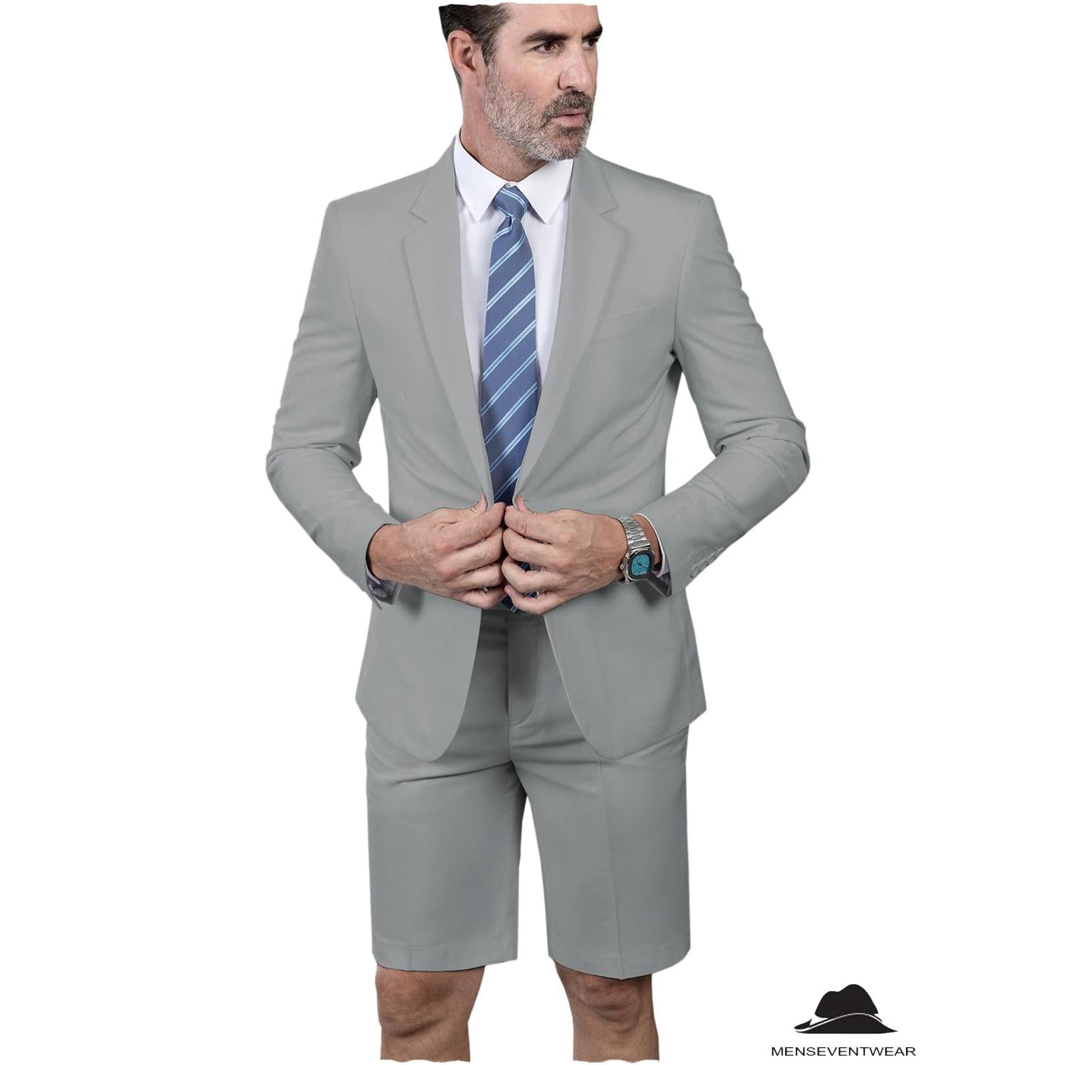 Fashion Pieces Mens Suit Flat Notch Lapel Tuxedos For Wedding Blazer+Shorts – Silver Size Customisation Fashion Pieces Mens Suit Flat Notch Lapel Tuxedos For Wedding Blazer+Shorts – Silver Size Customisation