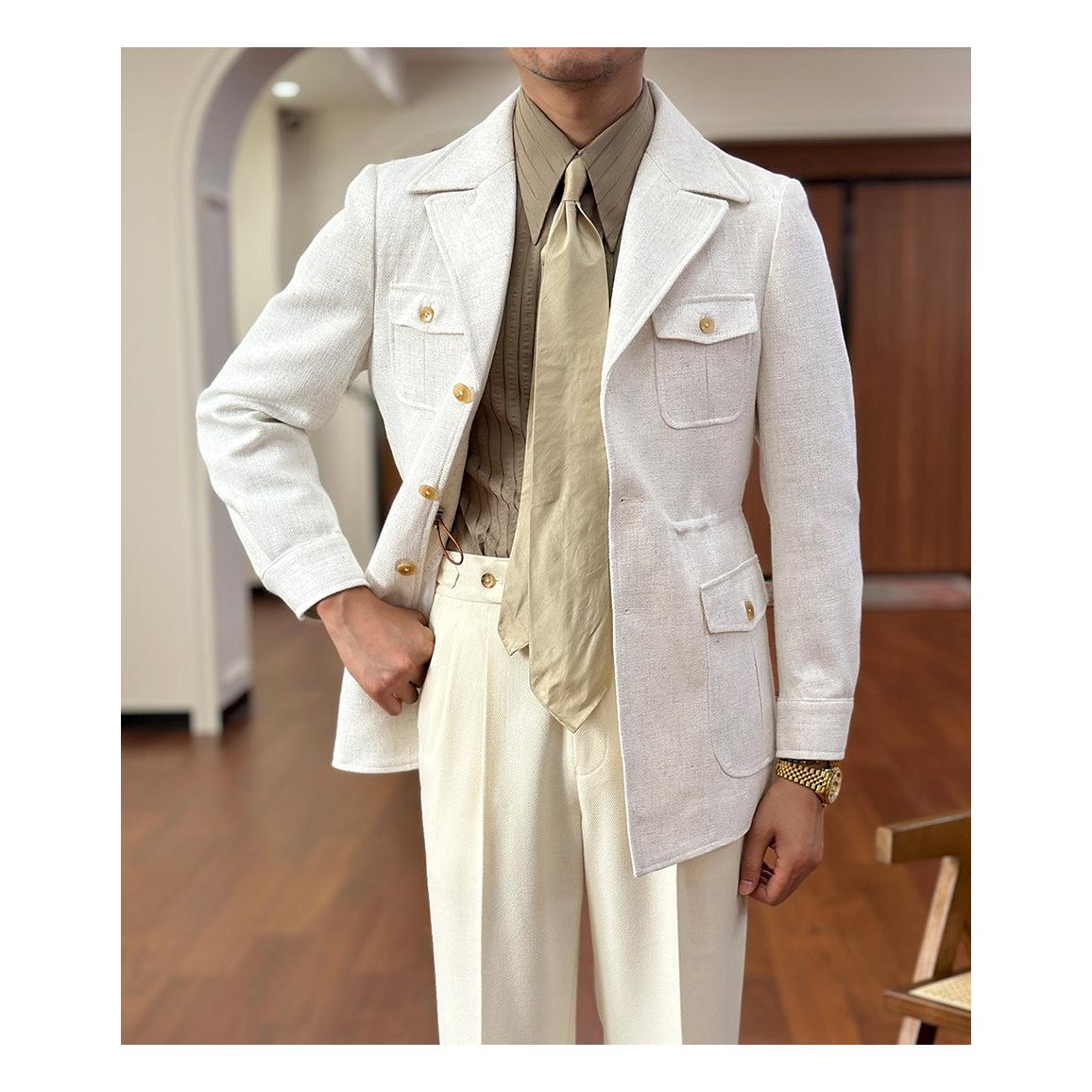 Fashion Men’s Retro Slim Fit Notch Lapel Flat Suit Multi