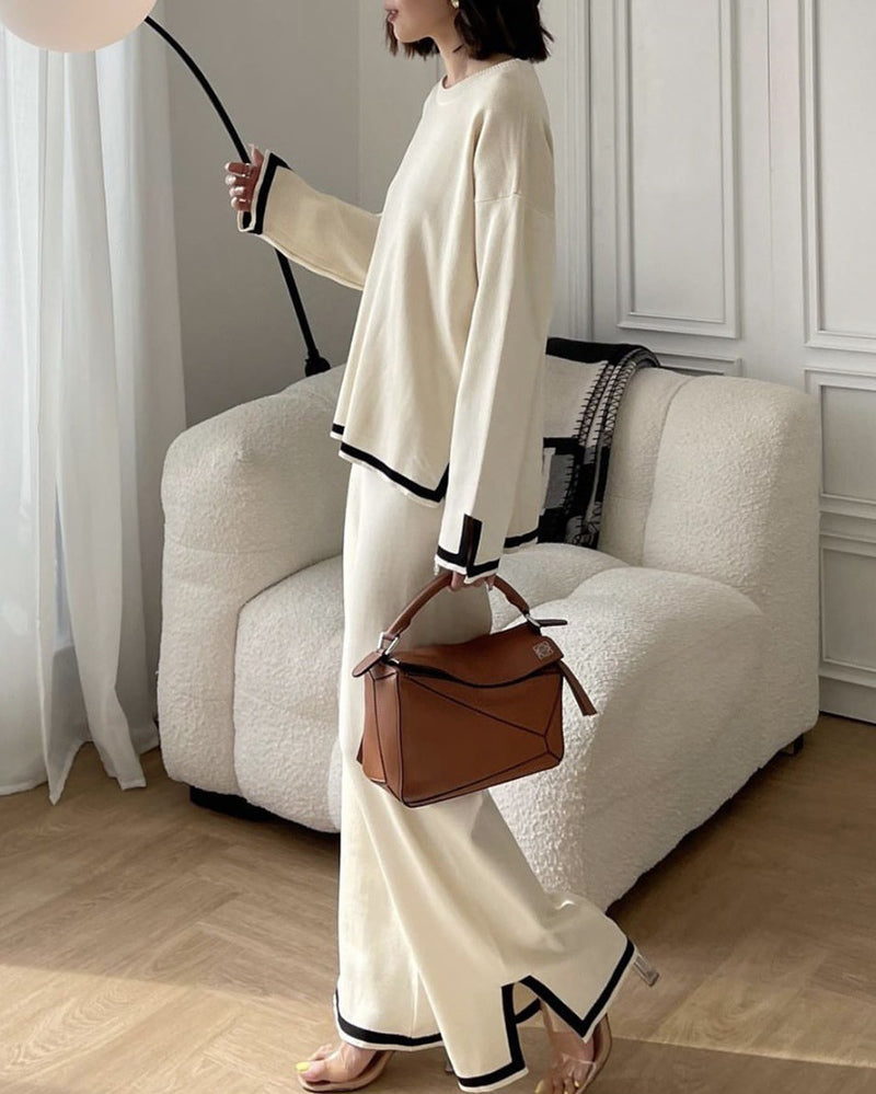 Zeagoo Contrast Color Two-piece Suit Casual Slit Long-sleeved Sweater High-waisted Wide-leg Trousers Pants – Apricot S