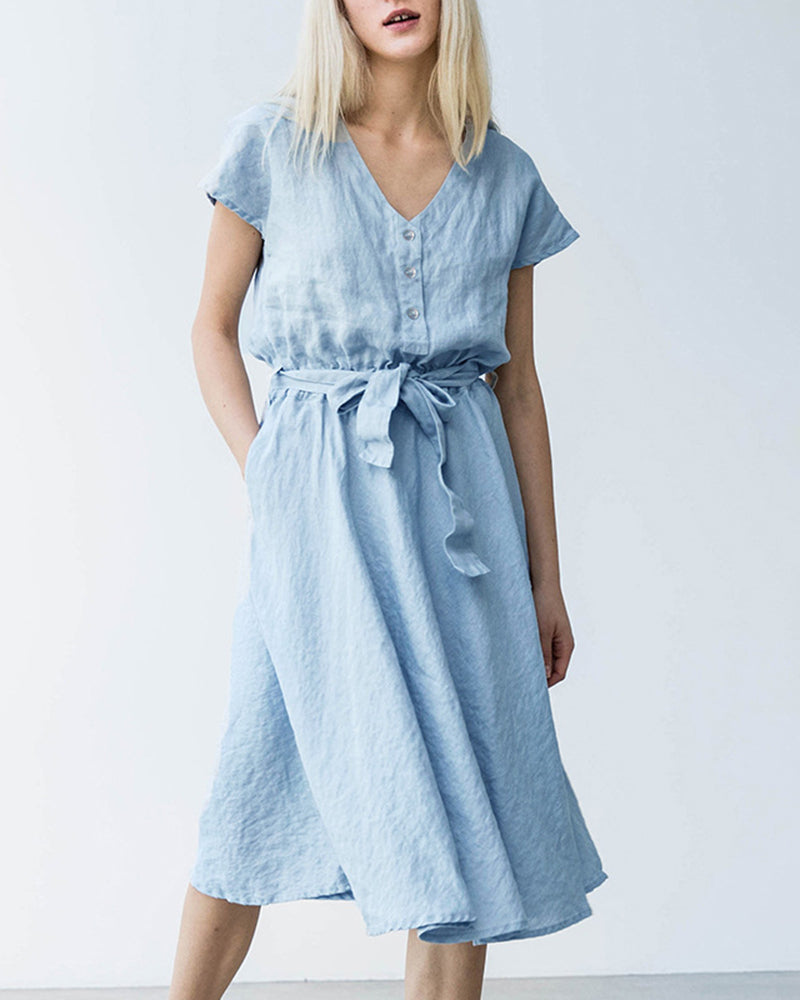 Summer Short Sleeve Button Holiday Party Dress Shirt Dress – Blue Summer Short Sleeve Button Holiday Party Dress Shirt Dress – Blue