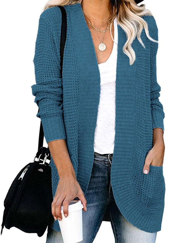 Solid Color Knit Open-Front Cardigan – Blue L-