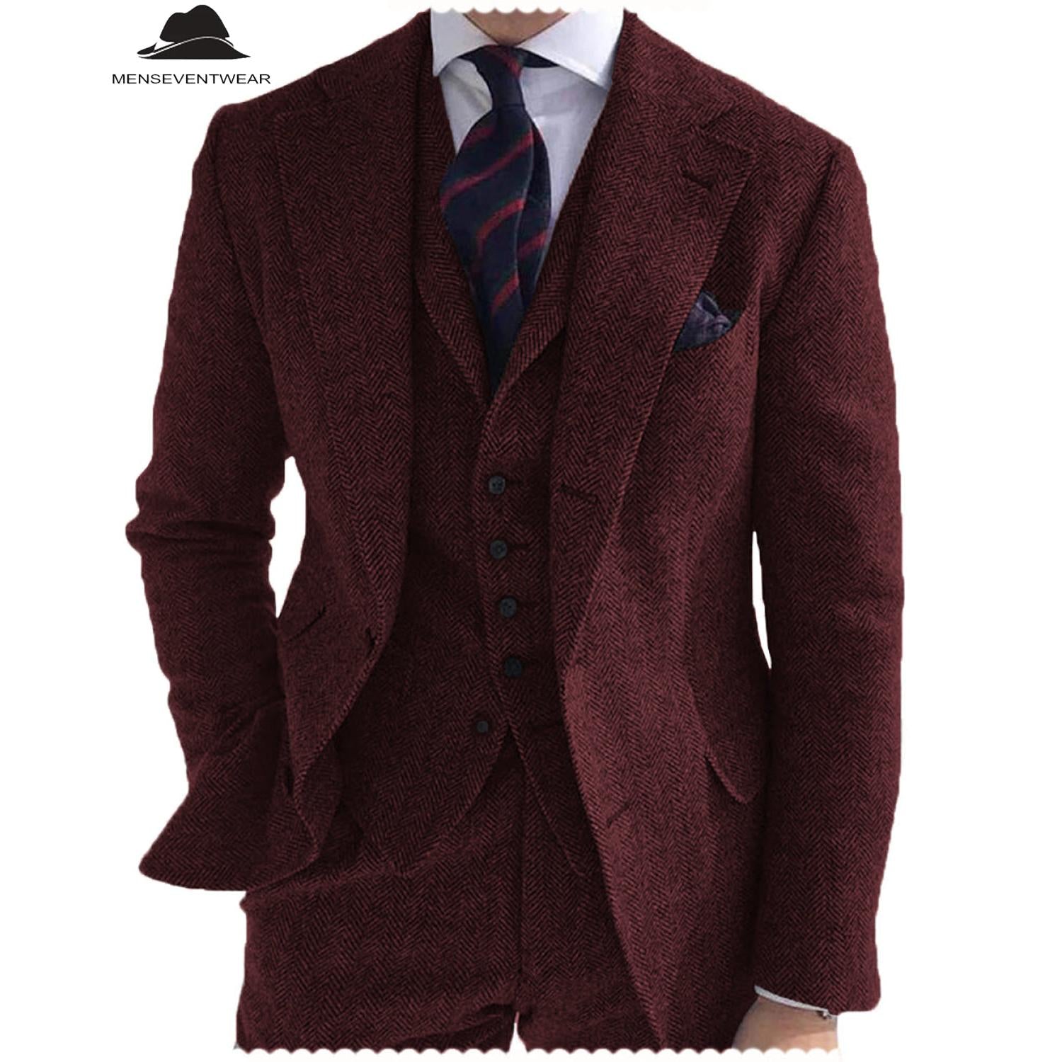 Menseventwear Formal Piece Mens Suit Herringbone Notch Lapel Blazer Blazer Vest+Pants