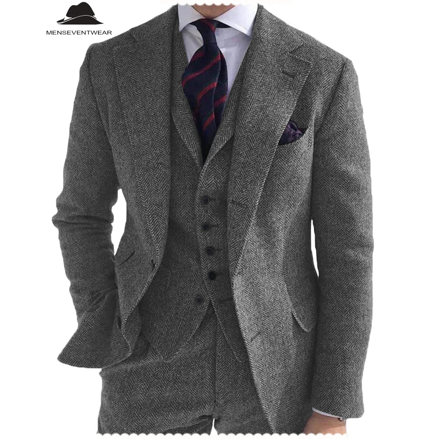 Menseventwear Formal Piece Mens Suit Herringbone Notch Lapel Blazer Blazer Vest+Pants Menseventwear Formal Piece Mens Suit Herringbone Notch Lapel Blazer Blazer Vest+Pants