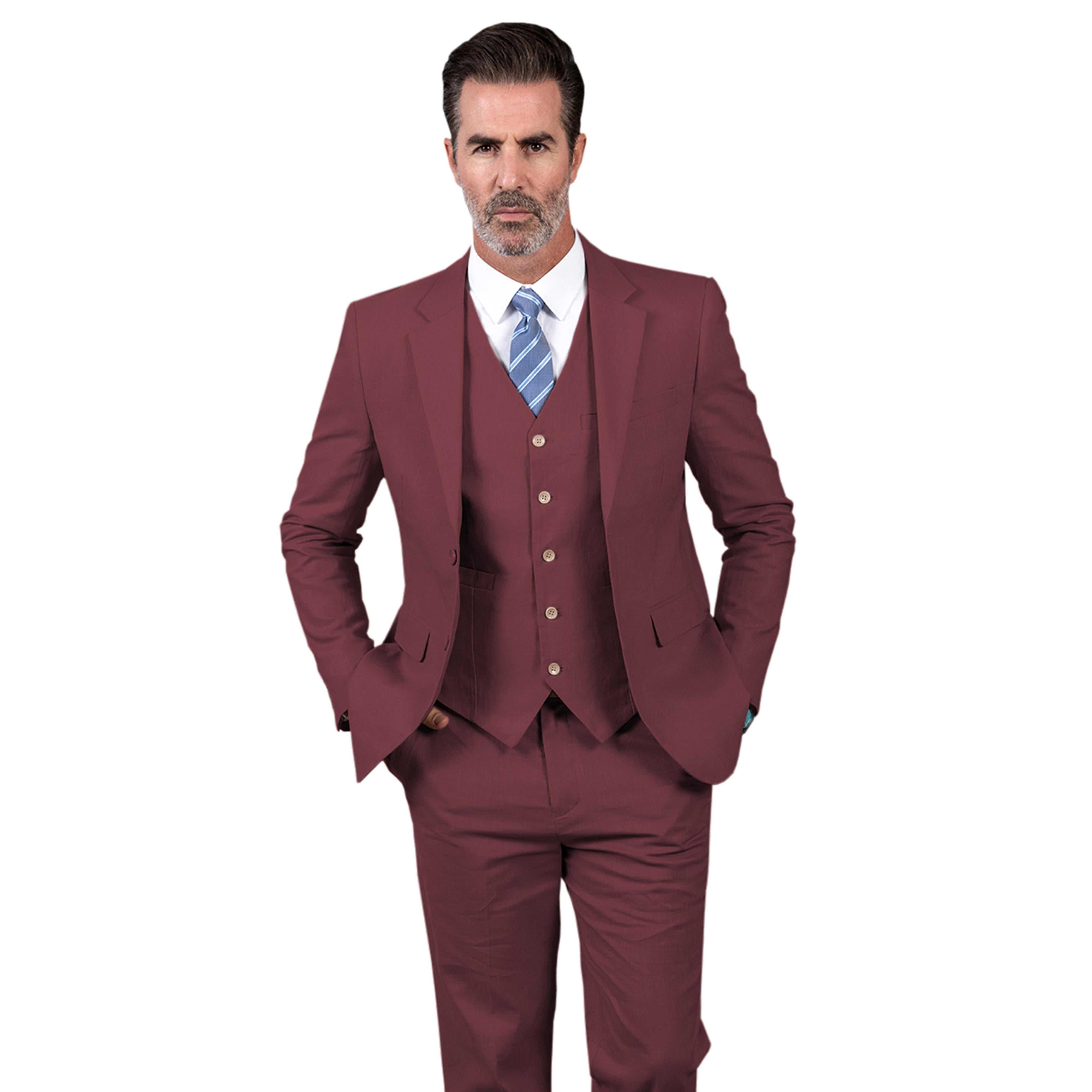 Formal Pieces Mens Suit Flat Linen Notch Lapel SuitBlazer+Vest+Pants – Burgundy Size Customisation Formal Pieces Mens Suit Flat Linen Notch Lapel SuitBlazer+Vest+Pants – Burgundy Size Customisation