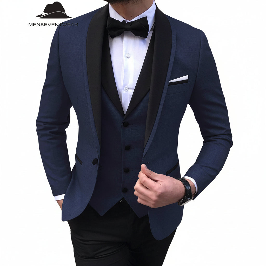 Menseventwear Formal Pieces Mens Suit Flat Shawl Lapel Tuxedos Blazer+vest+Pants