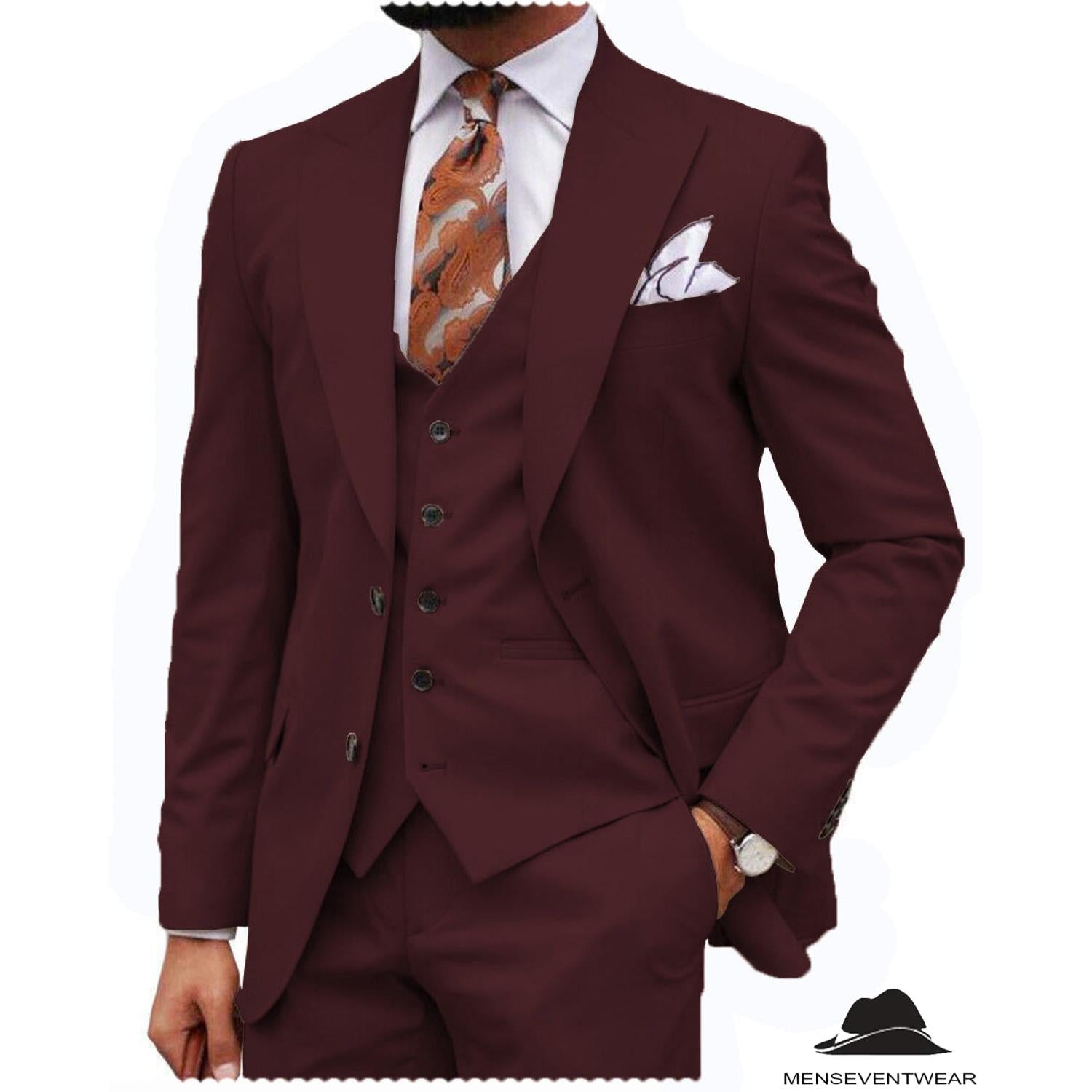 Menseventwear Formal Men’s -Piece Regular Fit Peak Lapel Flat Men’s Suit Blazer+Vest+Pants