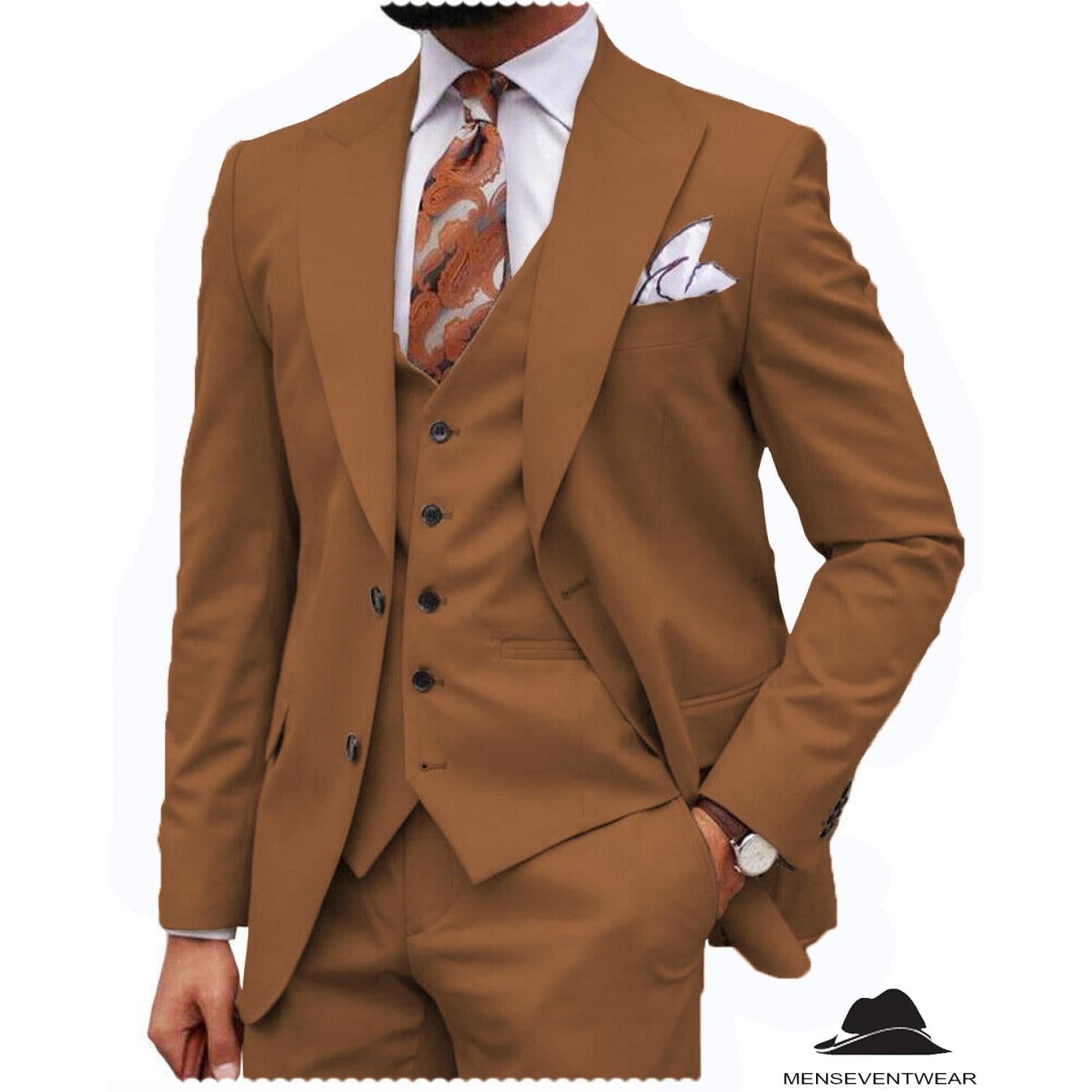 Menseventwear Formal Men’s -Piece Regular Fit Peak Lapel Flat Men’s Suit Blazer+Vest+Pants