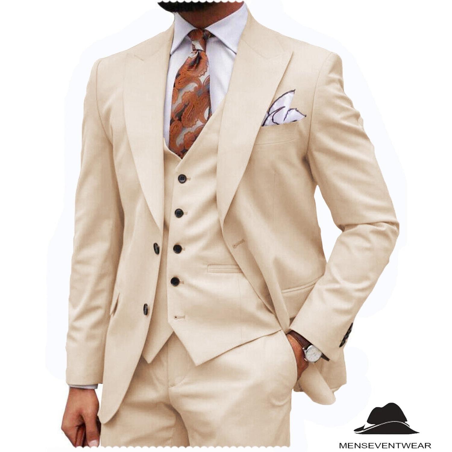 Menseventwear Formal Men’s -Piece Regular Fit Peak Lapel Flat Men’s Suit Blazer+Vest+Pants