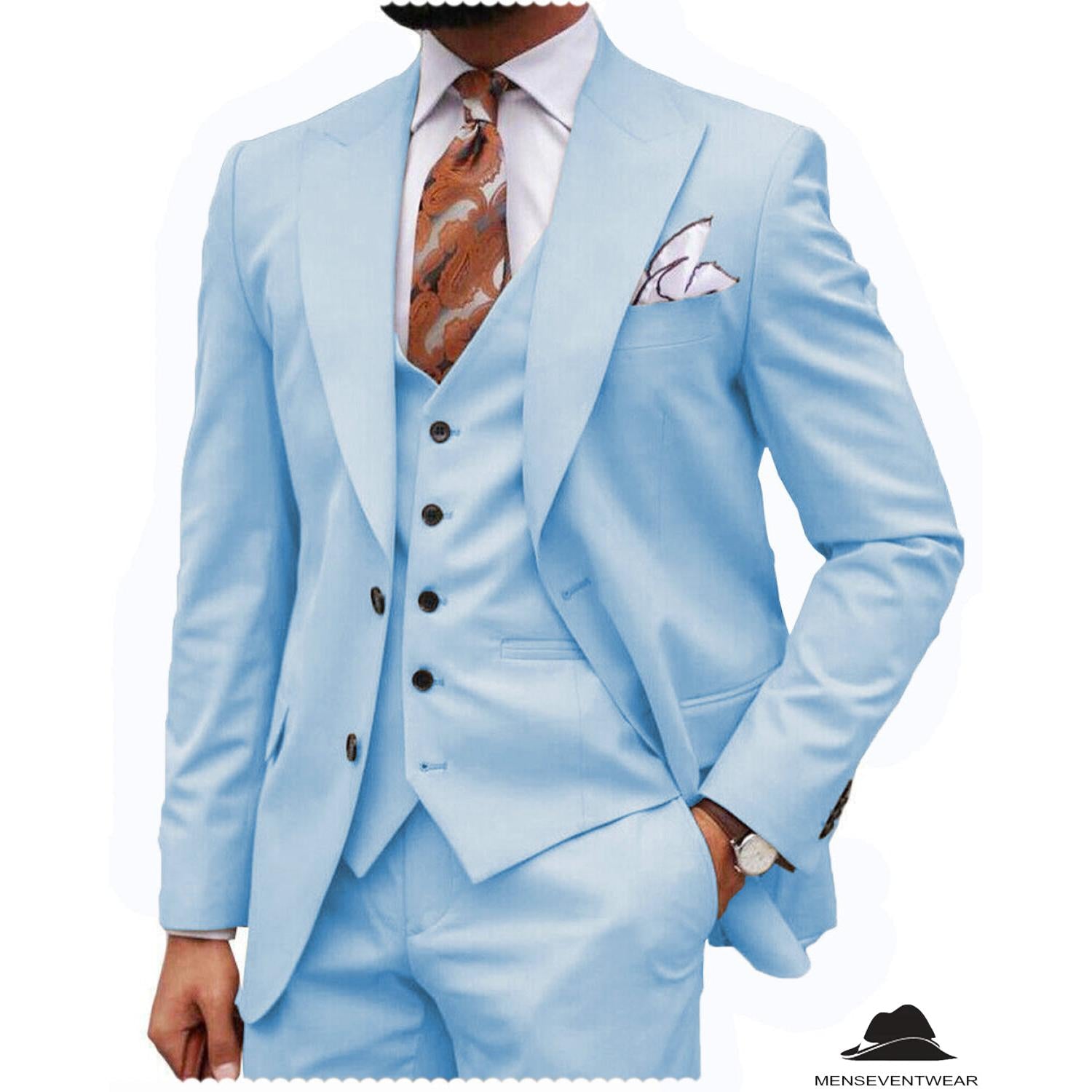 Menseventwear Formal Men’s -Piece Regular Fit Peak Lapel Flat Men’s Wedding Suit Blazer + Vest + Pants