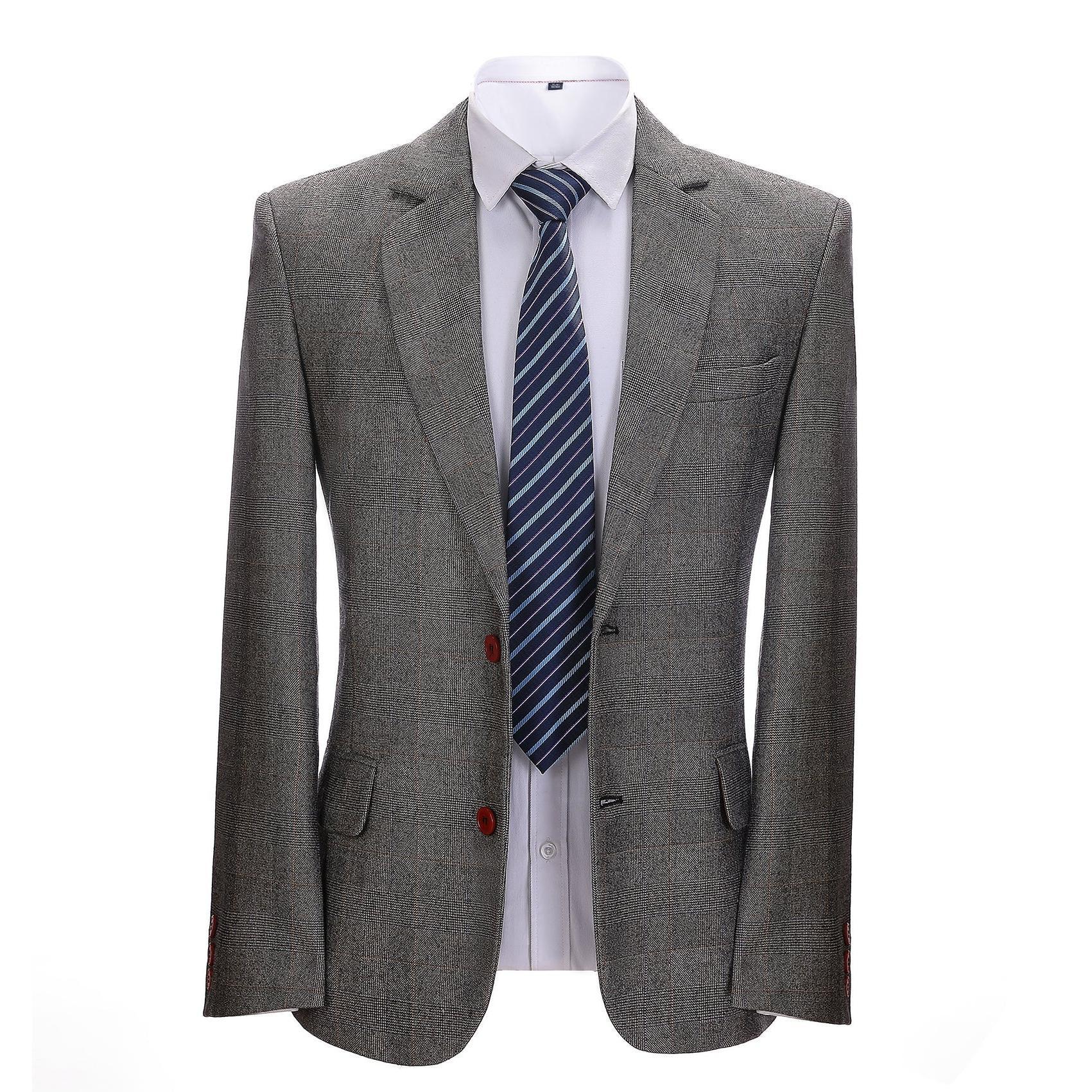 Menseventwear Formal Men’s Grey Notch Lapel Blazer Business Plaid Jacket