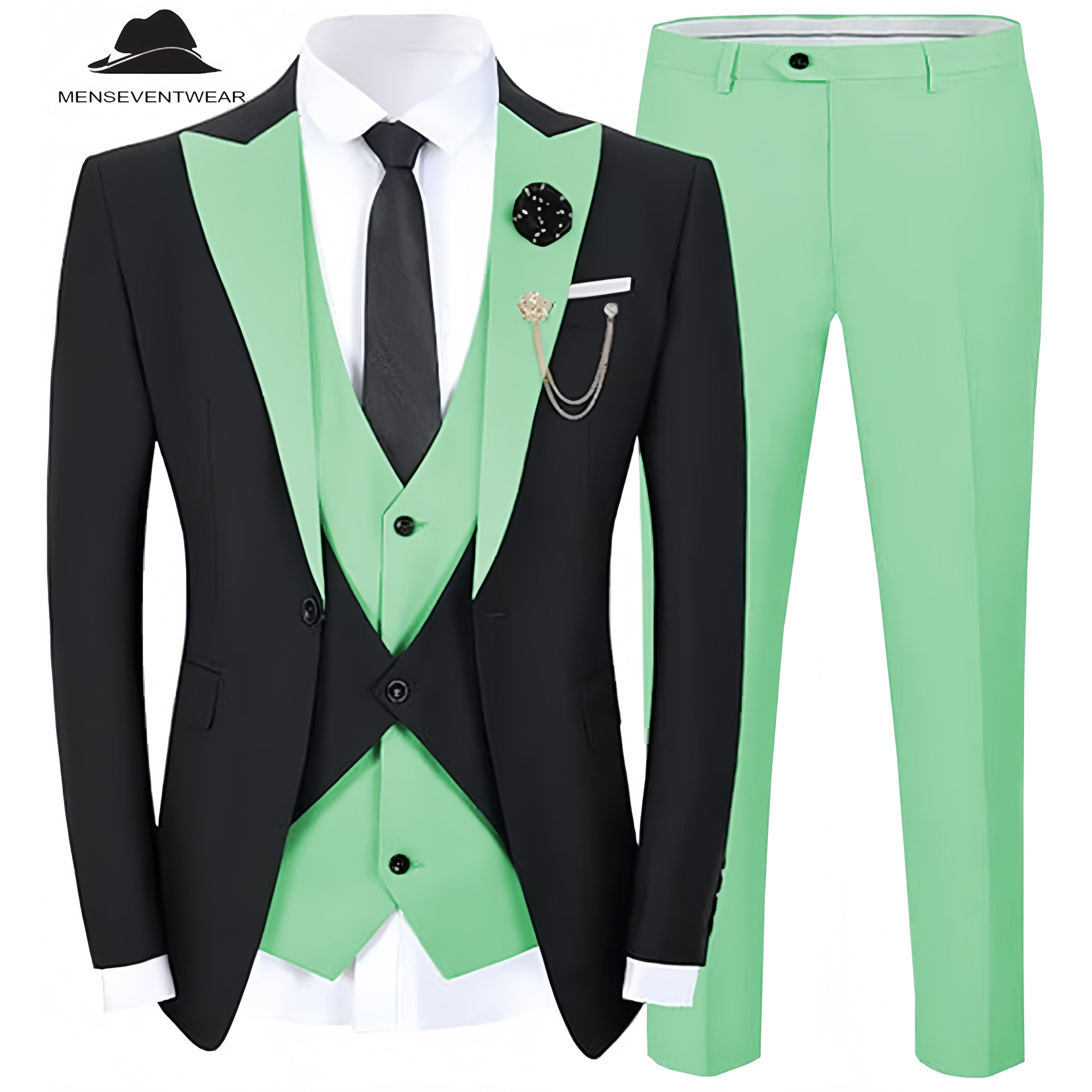 Formal Men’s Suits Slim Fit Pieces Peak Lapel Tuxedos Black Blazer+Vest+ Pant