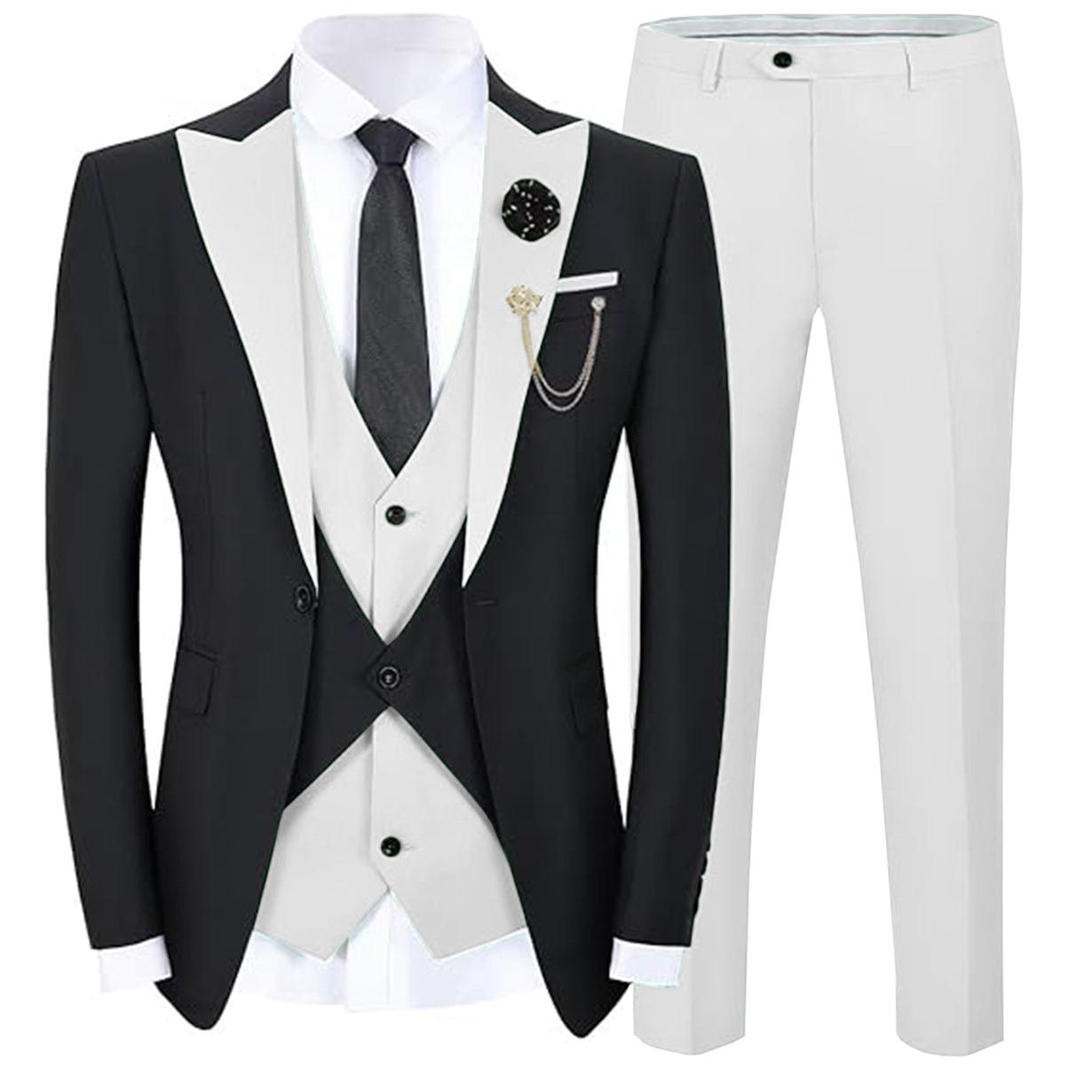 Formal Men’s Suits Slim Fit Pieces Peak Lapel Tuxedos Black Blazer+Vest+ Pant