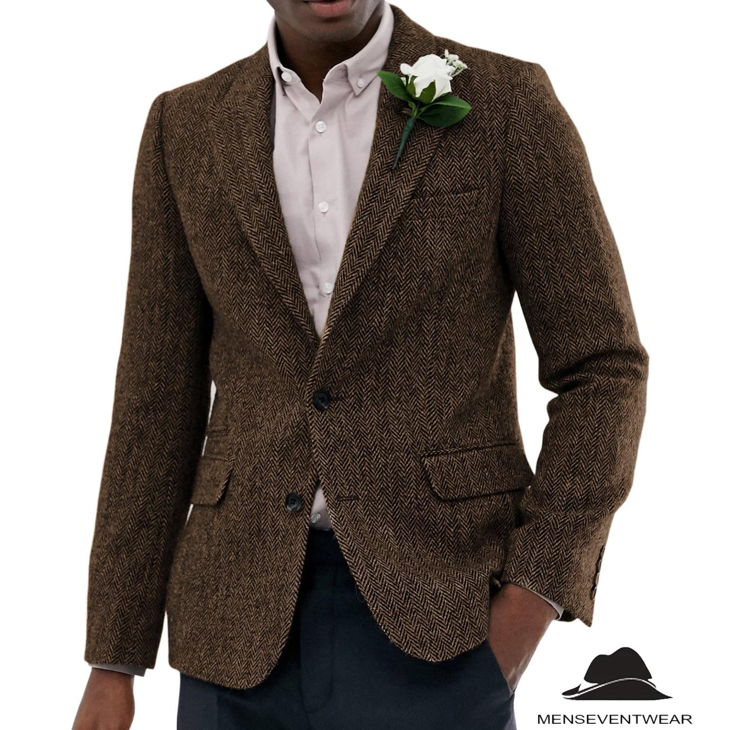 Menseventwear Formal Men’s Wool Herringbone Notch Lapel Blazer
