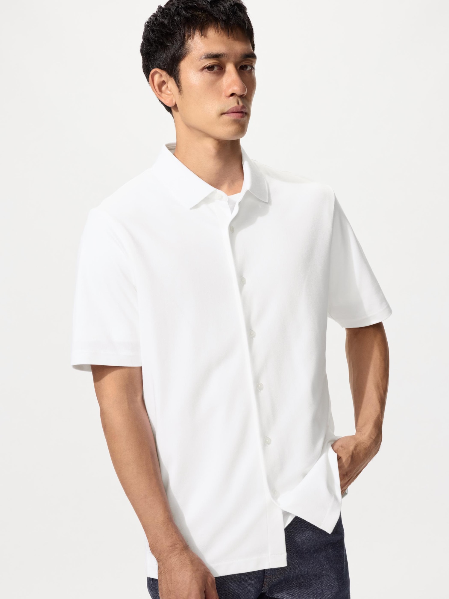 UNIQLO Men’s AIRism Cotton Pique Full Open Polo Shirt, White
