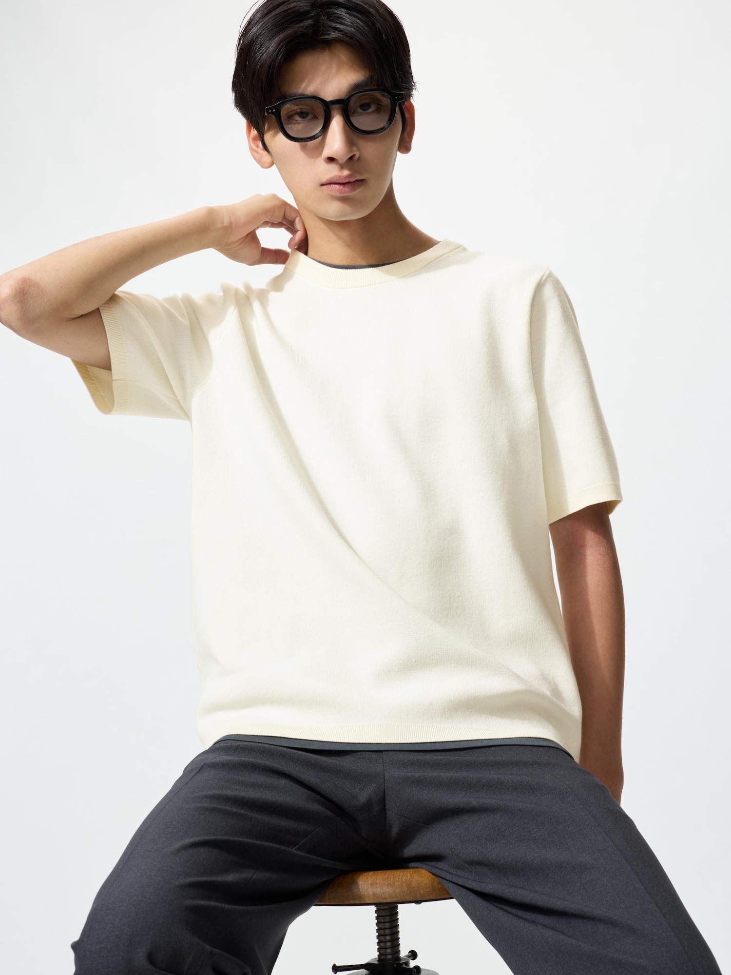 UNIQLO Men’s Washable Milano Ribbed Knitted Shirt, Off White, Large