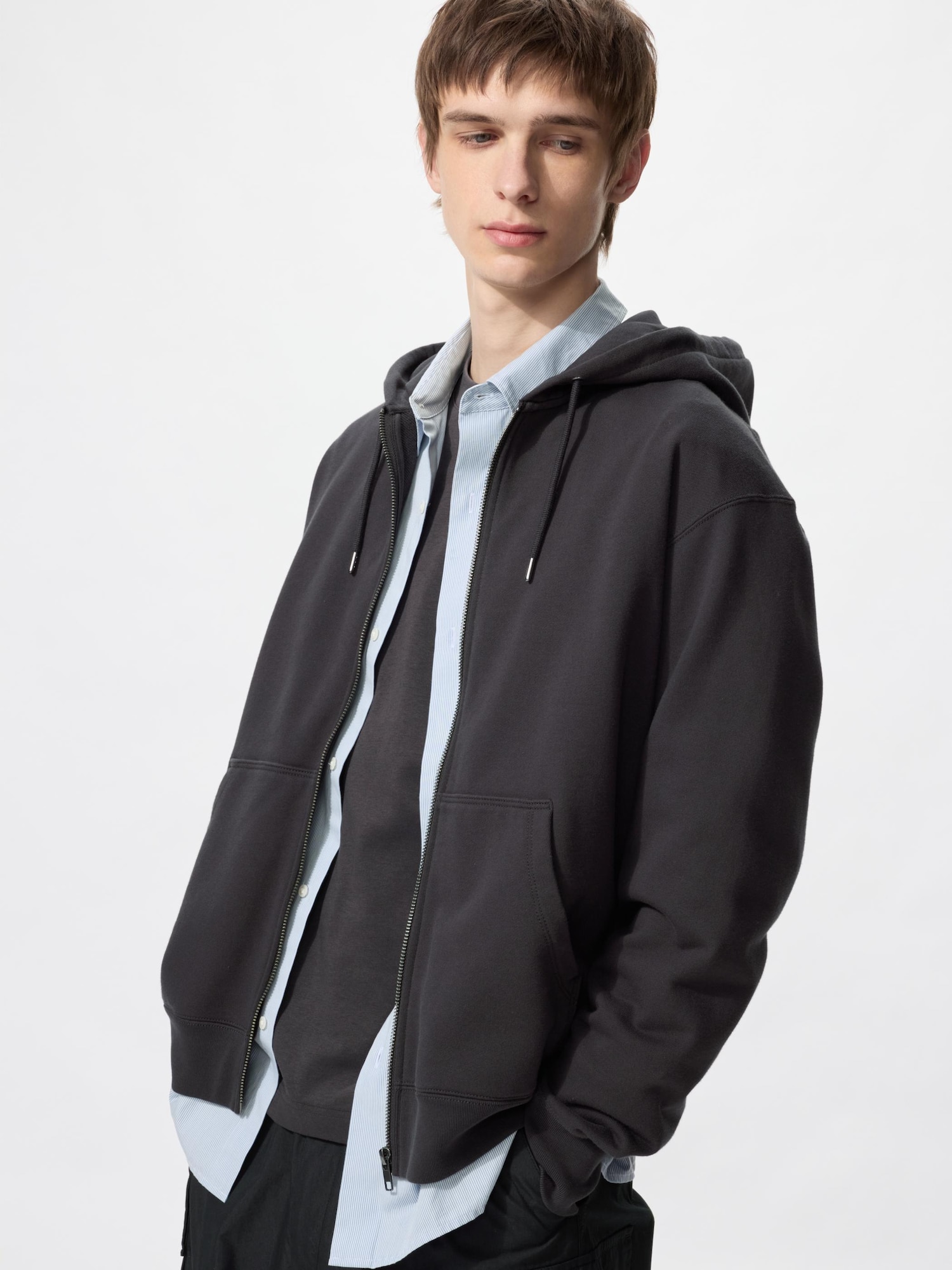 UNIQLO Men’s Sweat Full-Zip Hoodie, Dark Gray, Large