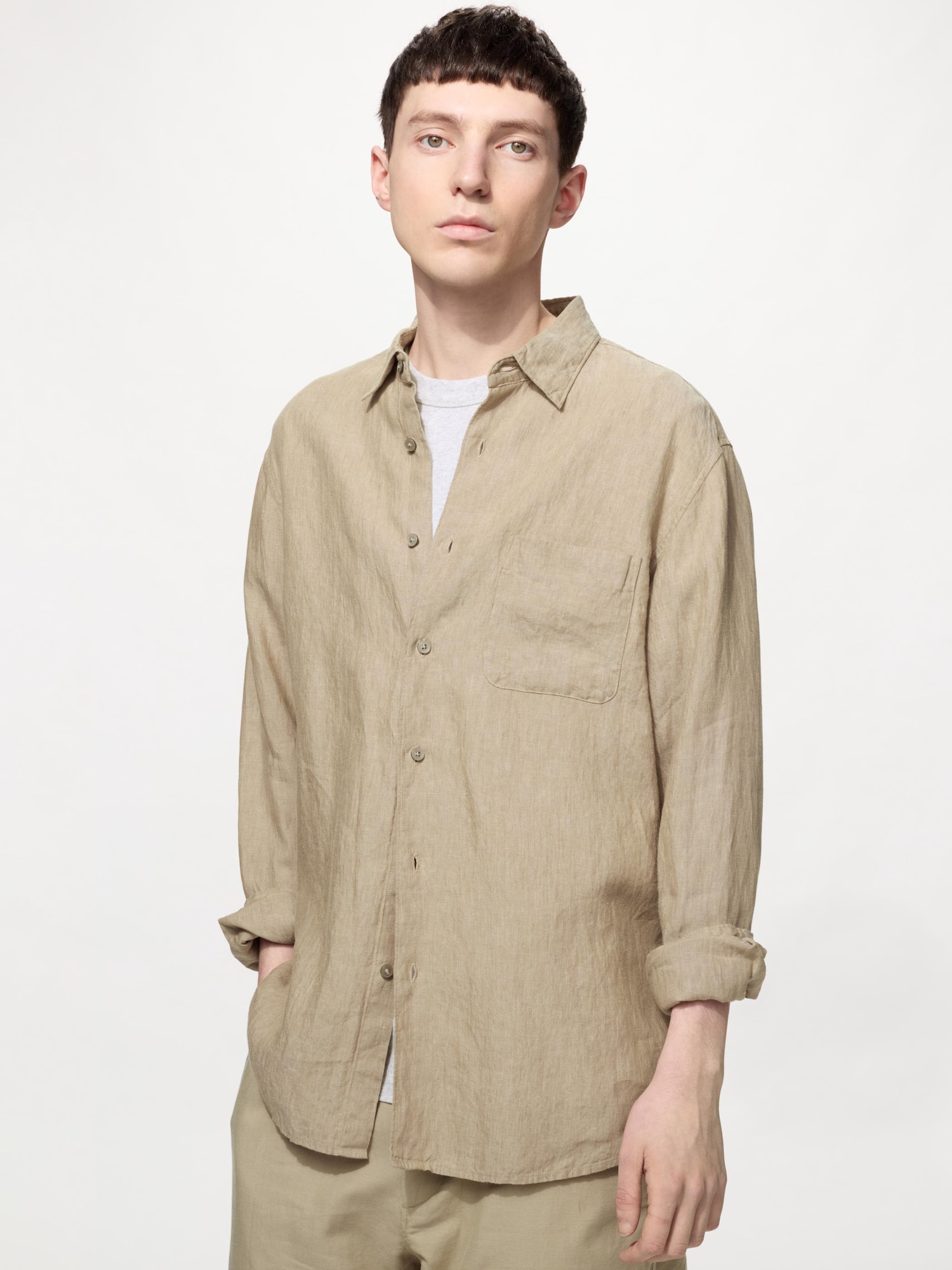 UNIQLO Men’s Premium Linen Shirt, Brown, Large, % Linen UNIQLO Men’s Premium Linen Shirt, Brown, Large, % Linen