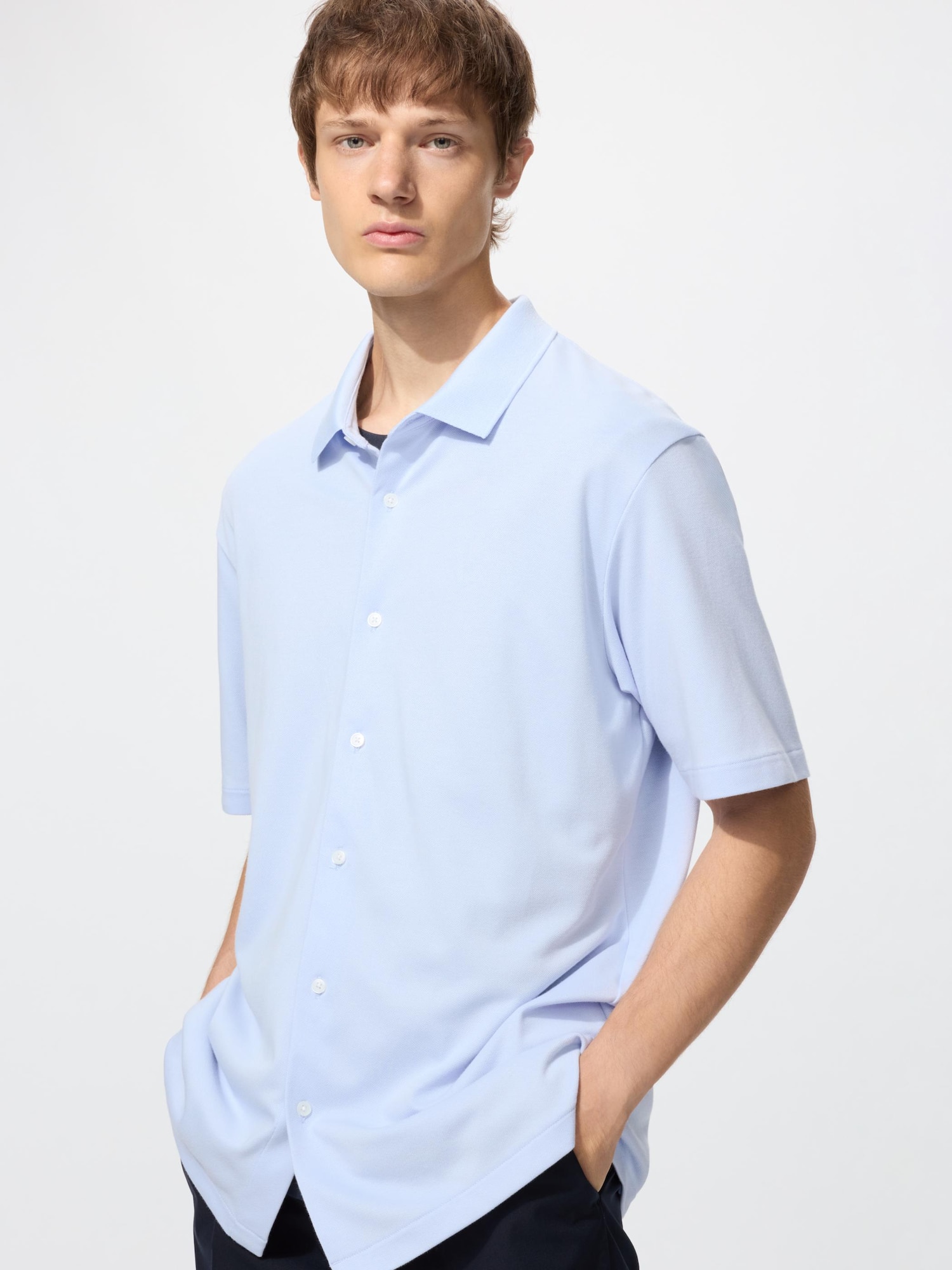 UNIQLO Men’s AIRism Cotton Pique Full Open Polo Shirt, Light Blue UNIQLO Men’s AIRism Cotton Pique Full Open Polo Shirt, Light Blue