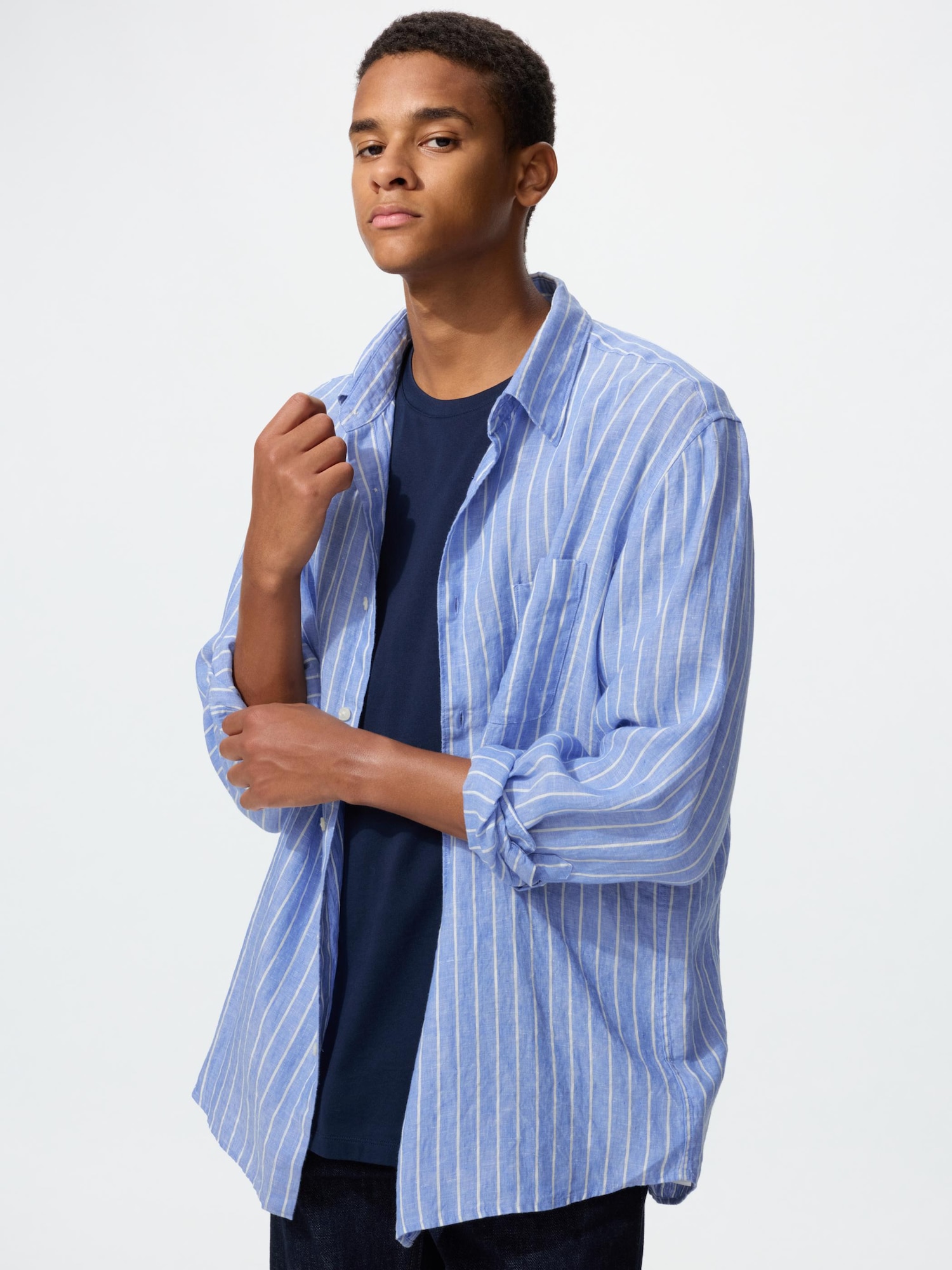 UNIQLO Men’s Premium Linen Shirt Striped, Blue