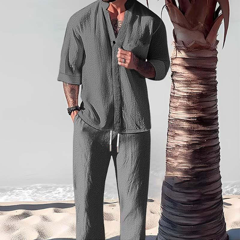 Men’s Loose Casual Solid Color Half Sleeve Shirt Trousers Set Y Men’s Loose Casual Solid Color Half Sleeve Shirt Trousers Set Y
