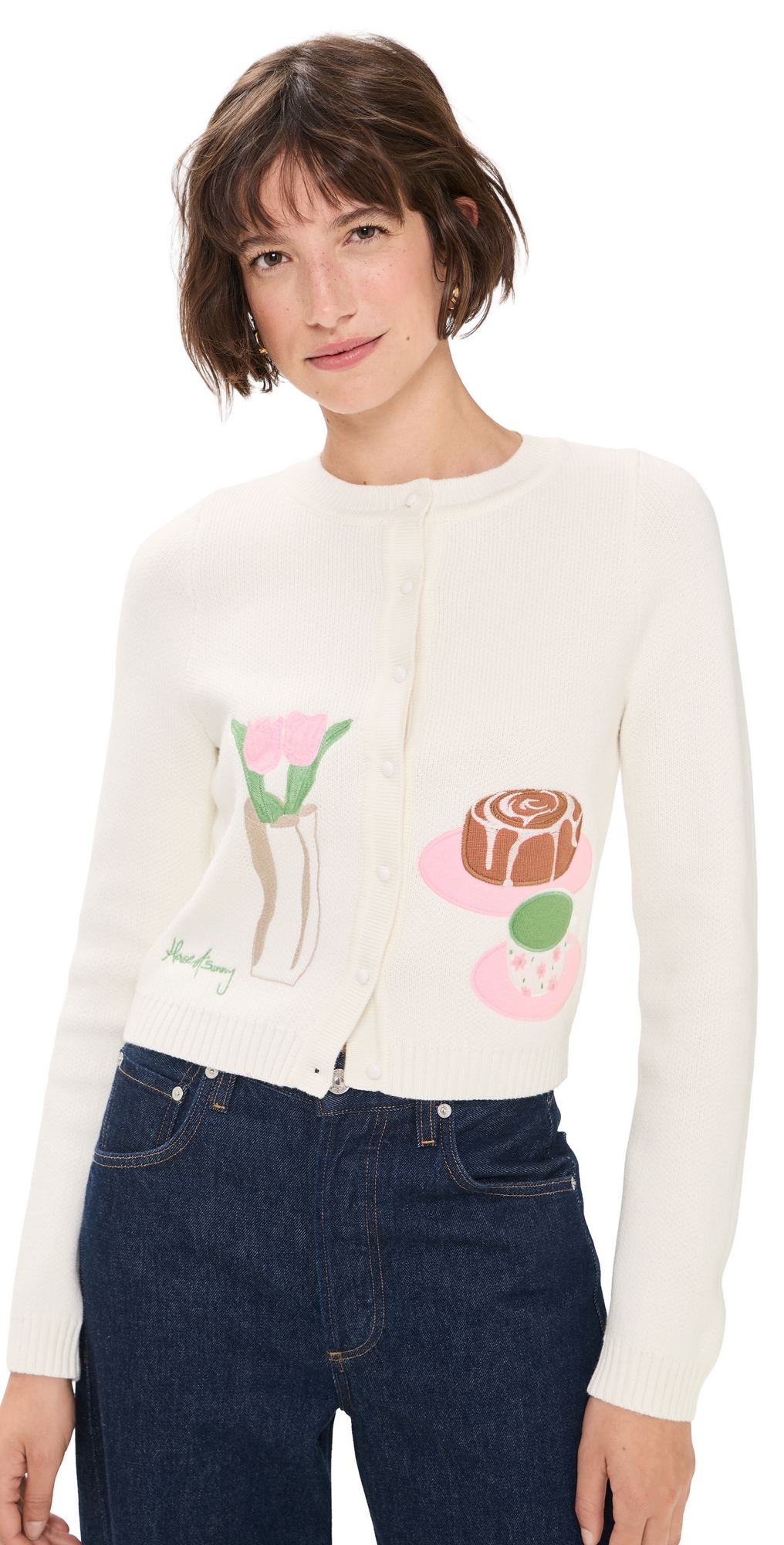 House of Sunny Collarless Picture Knit Cardigan Ivory House of Sunny Collarless Picture Knit Cardigan Ivory