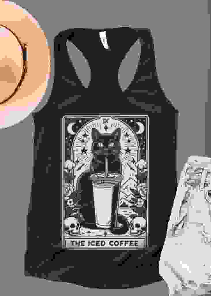 The Iced Coffee Tarot Card Black Cat Tank Top – X Black The Iced Coffee Tarot Card Black Cat Tank Top – X Black