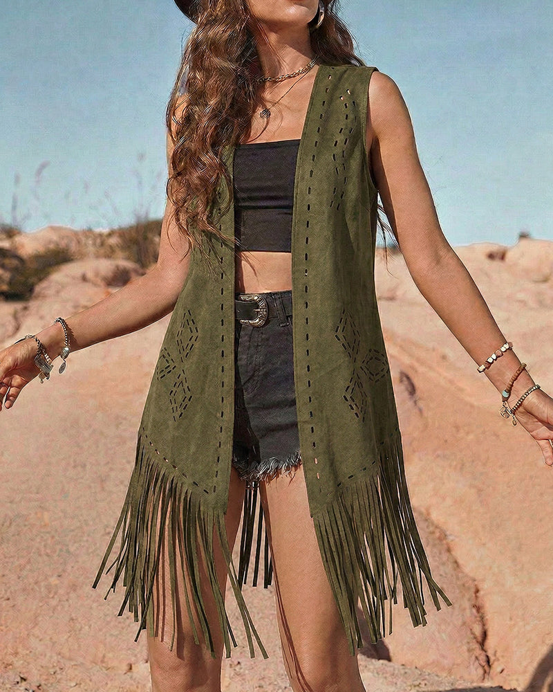 Vintage s Hollow Out Details Faux Suede Fringe Vest Vintage s Hollow Out Details Faux Suede Fringe Vest