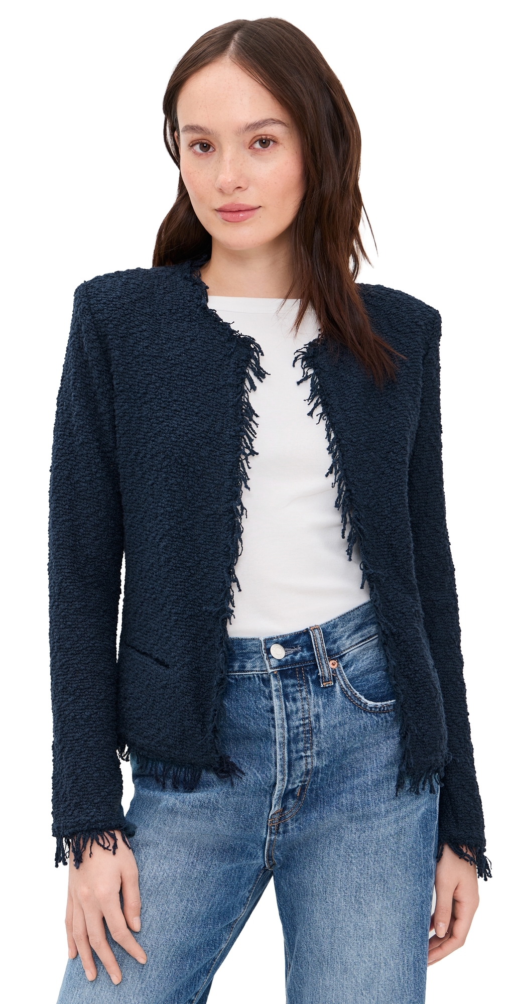 IRO Shavani Fringe Hem Tweed Jacket Anchor Blue IRO Shavani Fringe Hem Tweed Jacket Anchor Blue