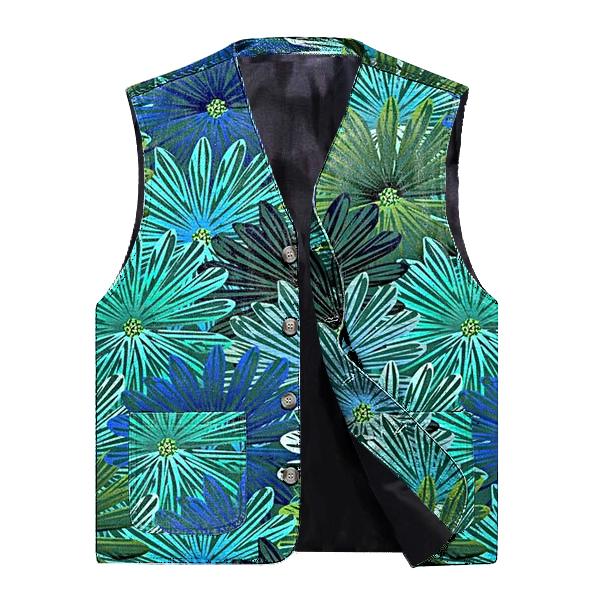 Men’s V-Neck Casual Botanical Print Single Breasted Vest M – Printed Vest B Green