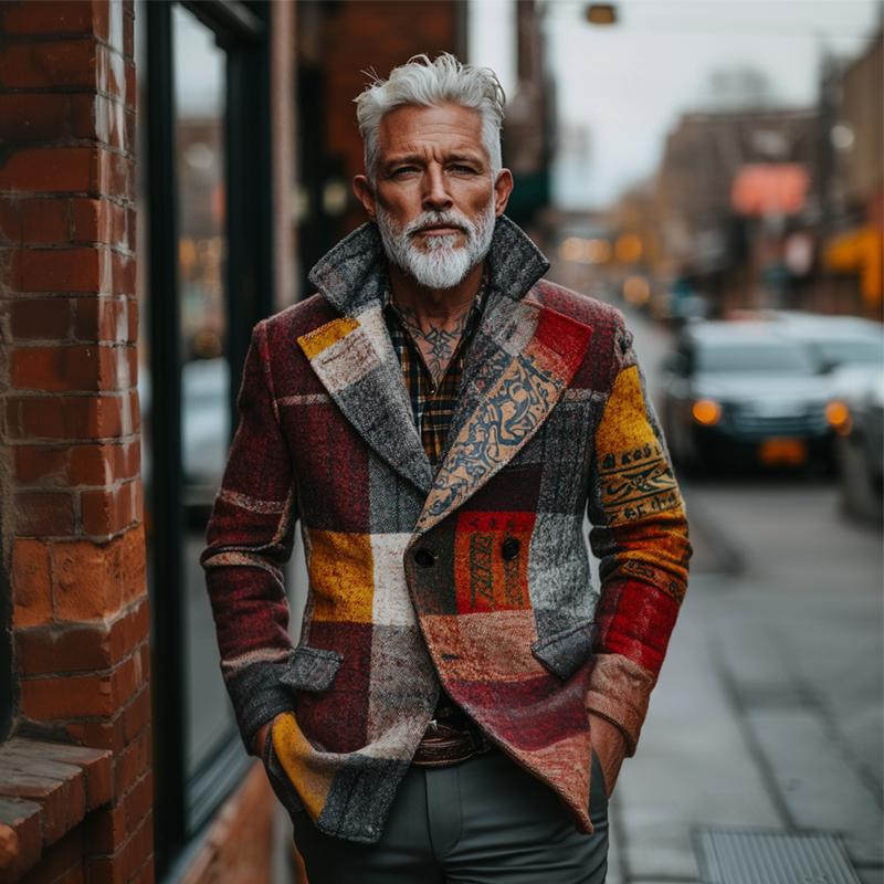 Men’s Retro Casual Tweed Plaid Ethnic Style Printed Jacket TO