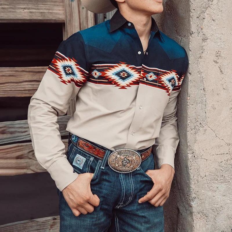 Men’s Western Denim Print Lapel Long Sleeve Shirt X Men’s Western Denim Print Lapel Long Sleeve Shirt X
